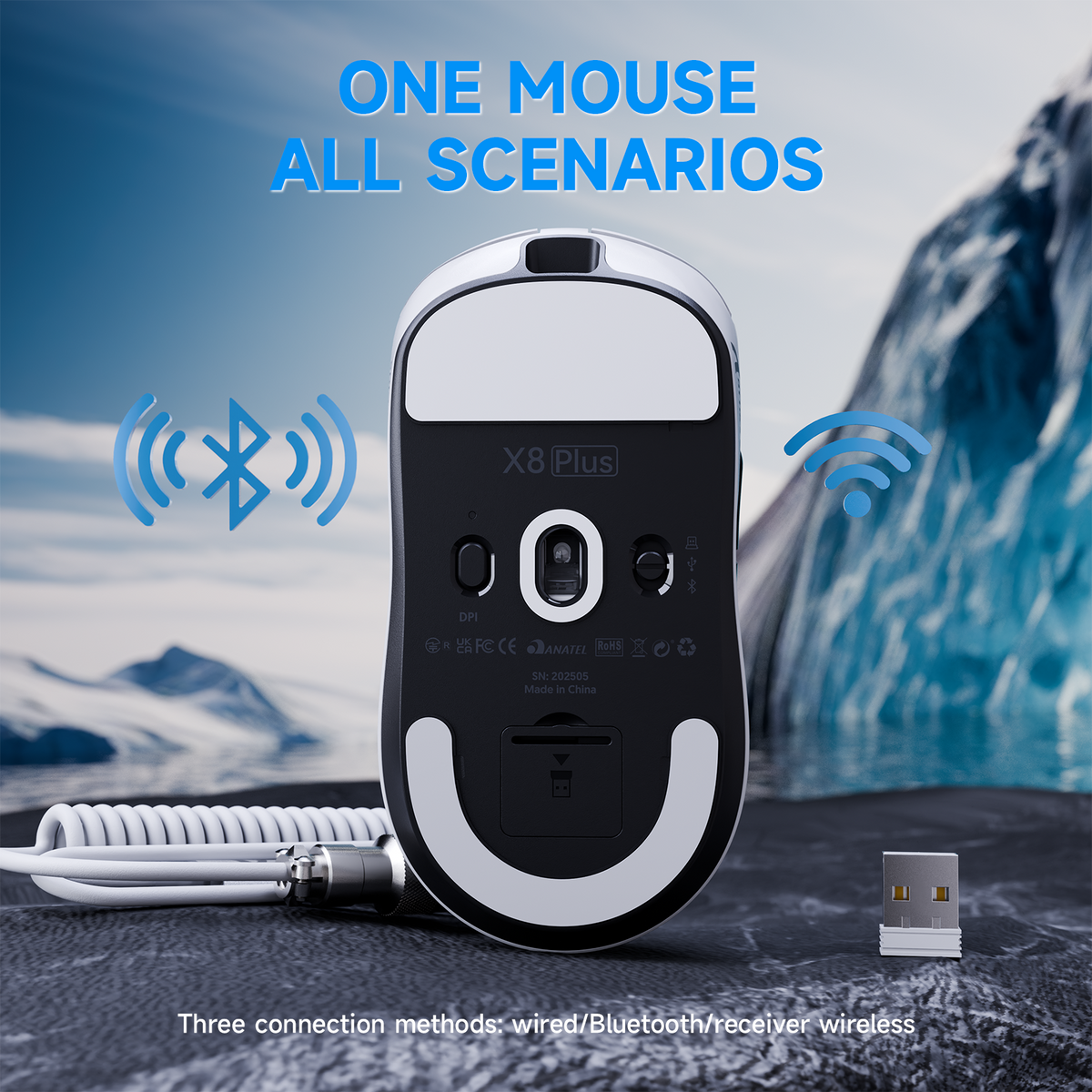 Mouse gamer sem fio de três modos ATTACK SHARK X8 PLUS com cabo C06 ULTRA
