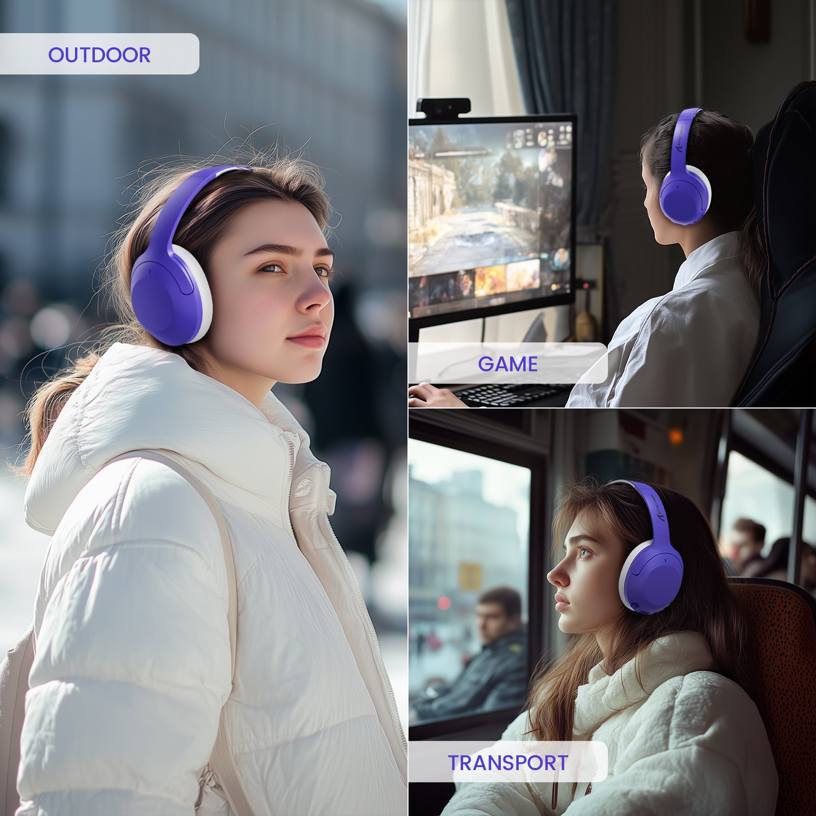 ATTACK SHARK G300 ANC headphones in use: outdoor, gaming, and transport scenarios. Showcasing comfort and versatility.
