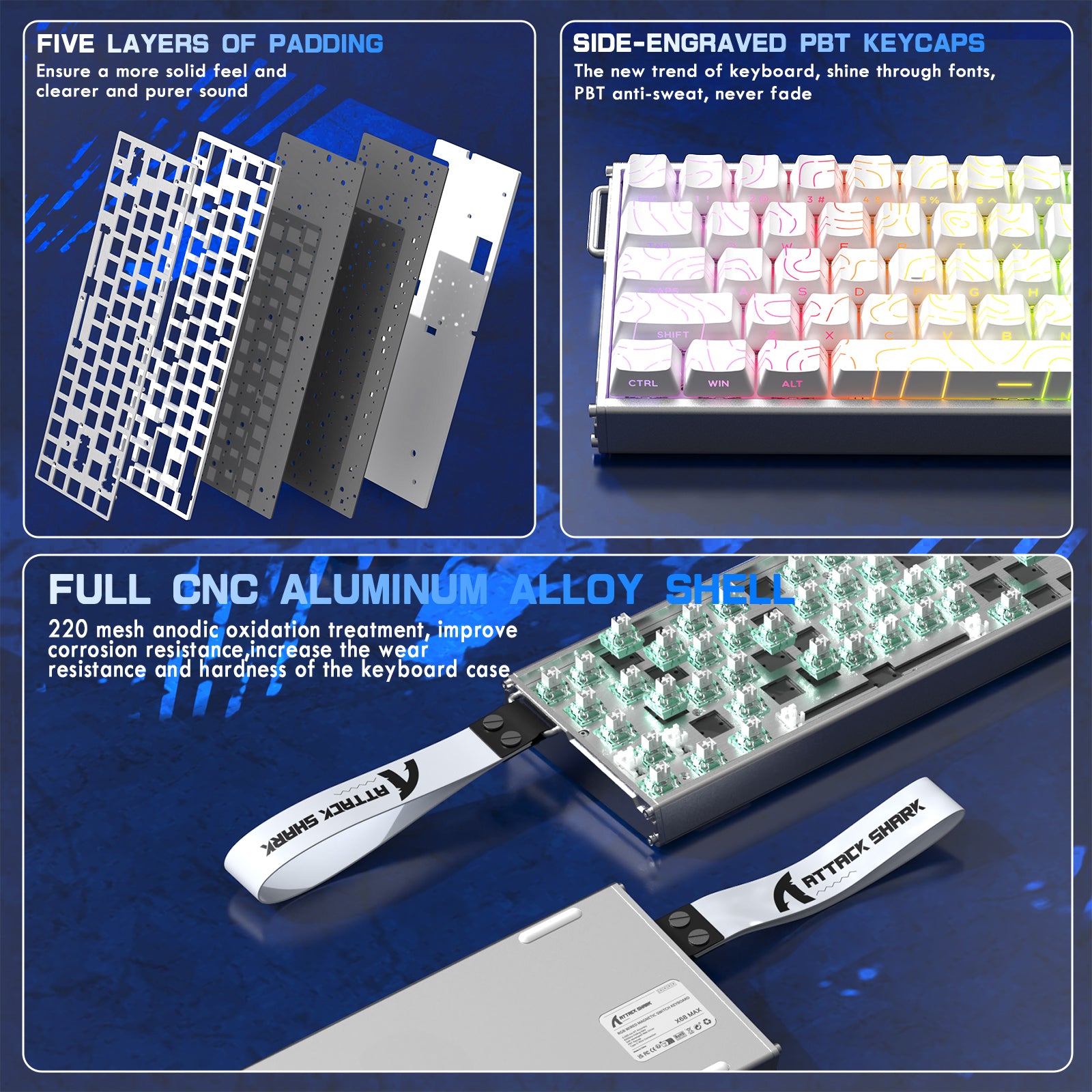 Clavier ATTACK SHARK X68MAX HE à déclenchement rapide en aluminium CNC avec interrupteur magnétique et câble spiralé C01Ultra RGB