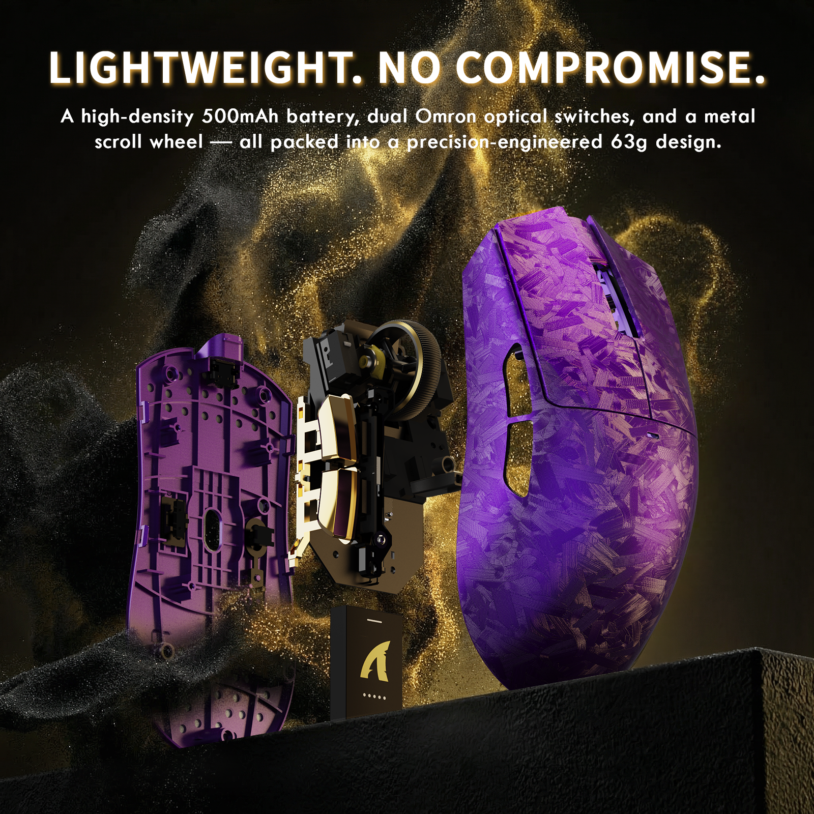 ATTACK SHARK X11 ULTRA purple gaming mouse disassembled: carbon fiber, 63g, Omron switches, 500mAh battery.