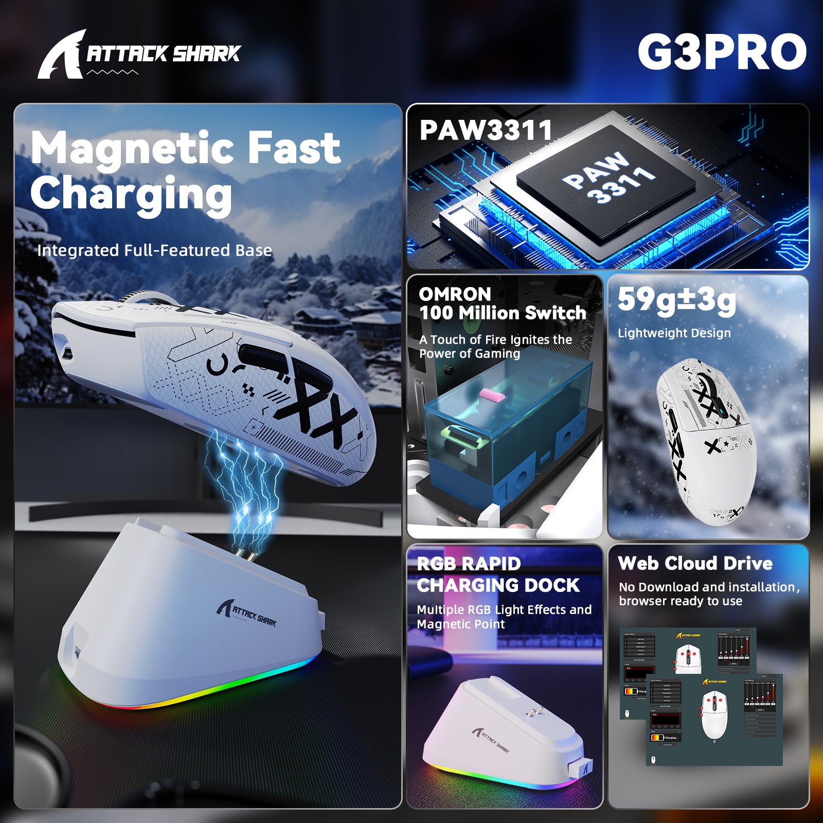 ATTACK SHARK G3PRO Tri-mode Wireless Gaming Mouse with Charge Dock 25000 DPI Ultra Lightweight