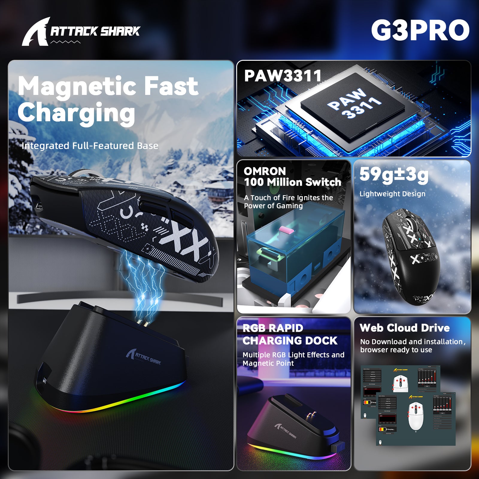 ATTACK SHARK G3PRO Tri-mode Wireless Gaming Mouse with Charge Dock 25000 DPI Ultra Lightweight
