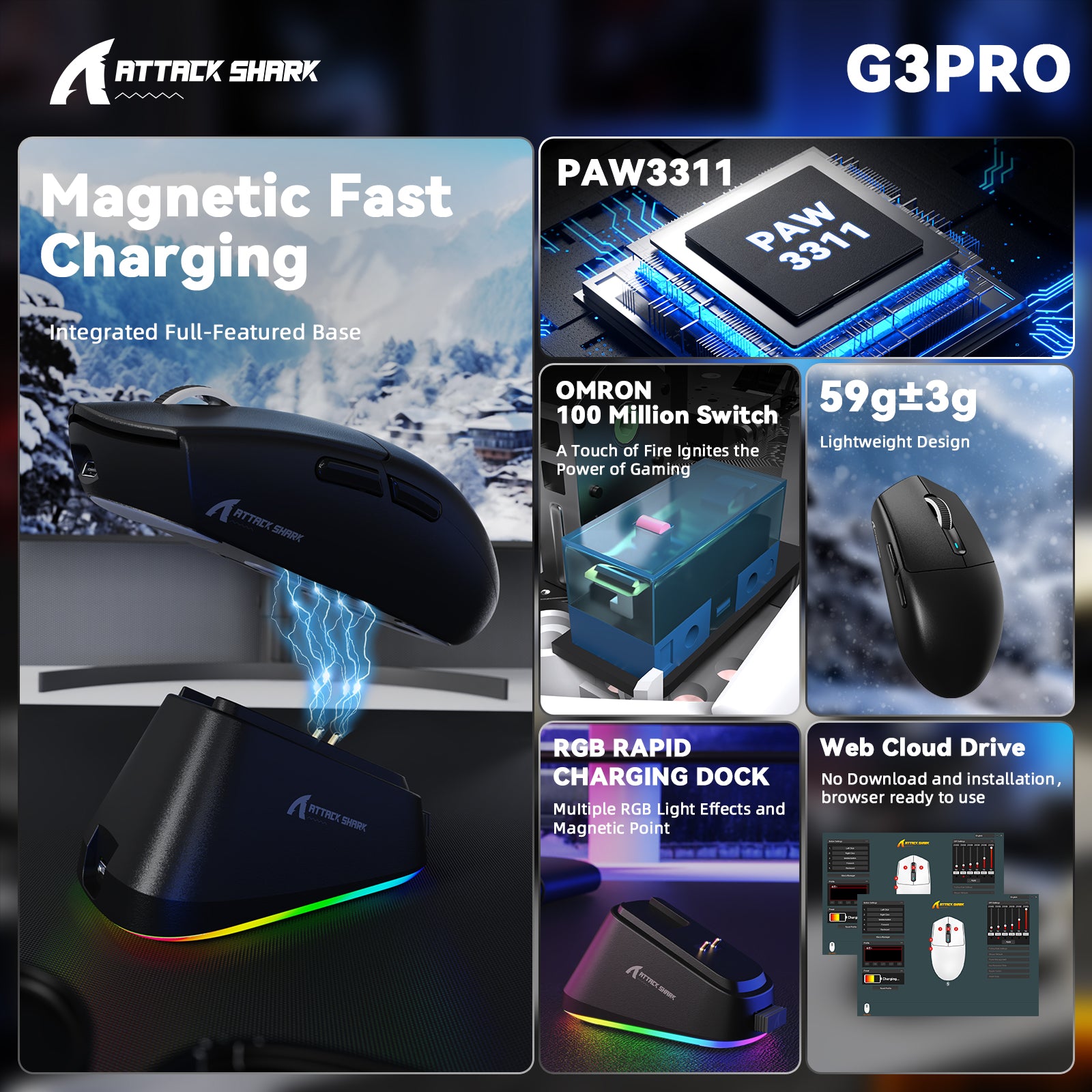 ATTACK SHARK G3PRO Tri-mode Wireless Gaming Mouse with Charge Dock 25000 DPI Ultra Lightweight