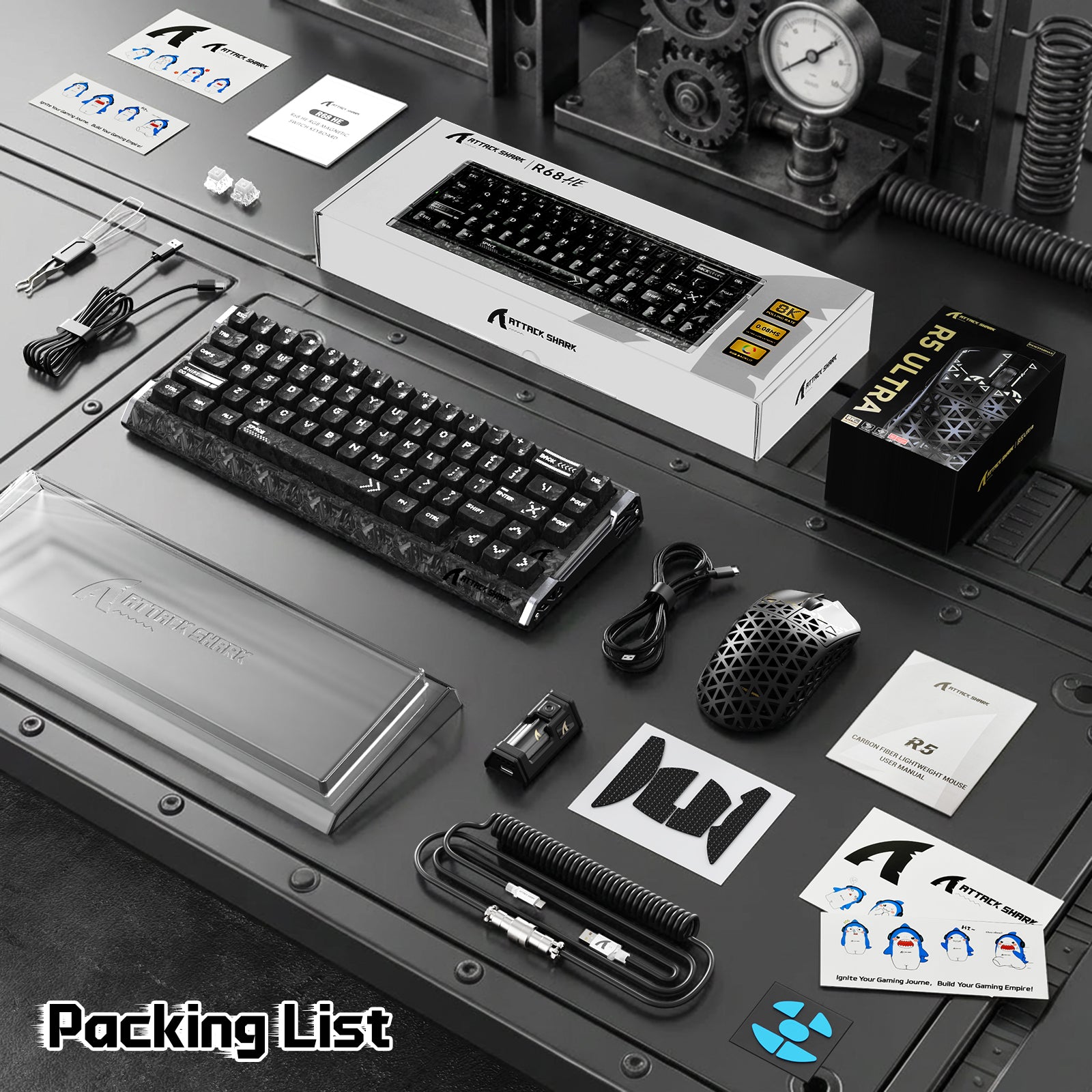 ATTACK SHARK R68 HE & R5 ULTRA カーボンファイバーゲーミングバンドル(C01ULTRAコイルケーブル付き)