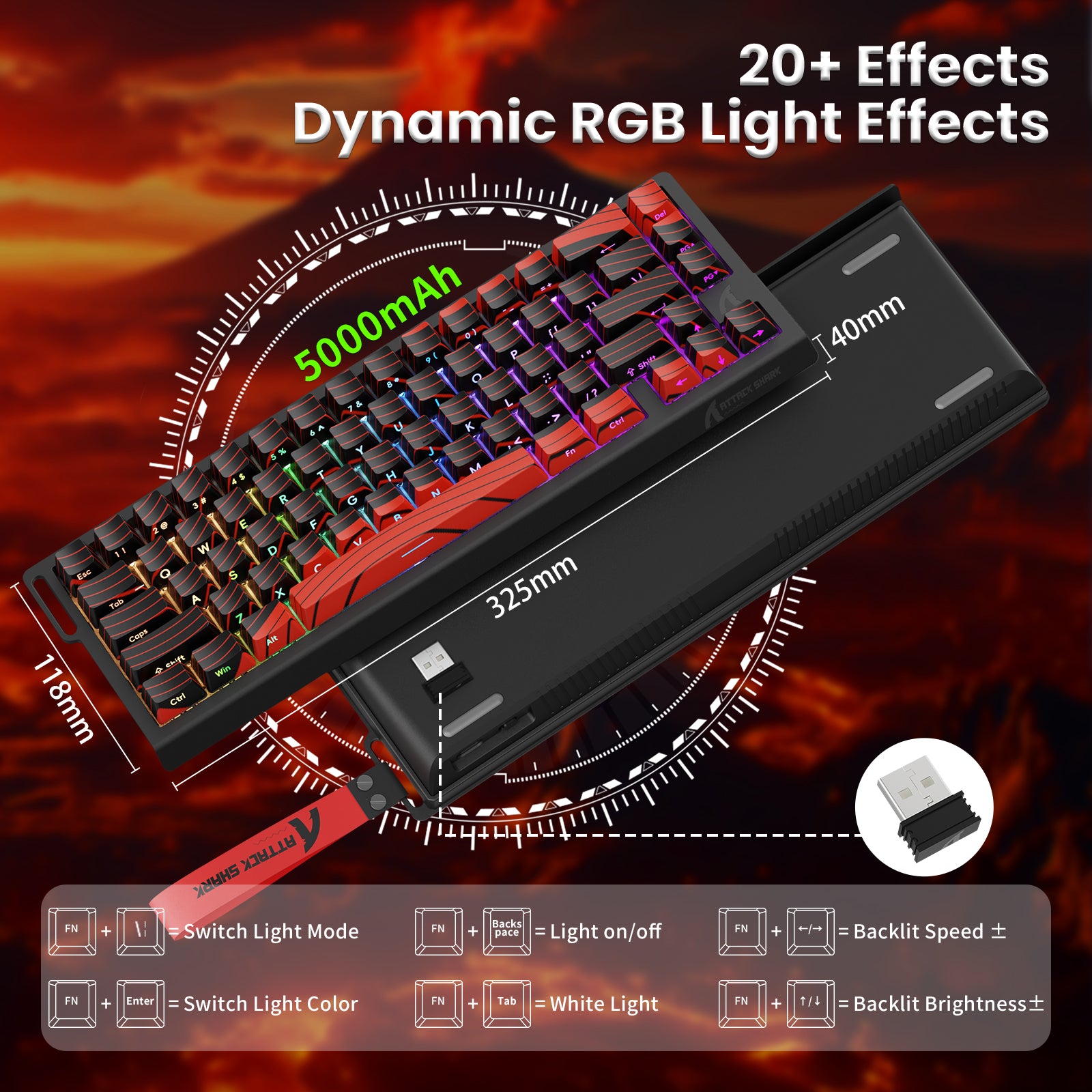 ATTACK SHARK X68PRO HE keyboard with 5000mAh battery, 20+ dynamic RGB effects, and dimensions.