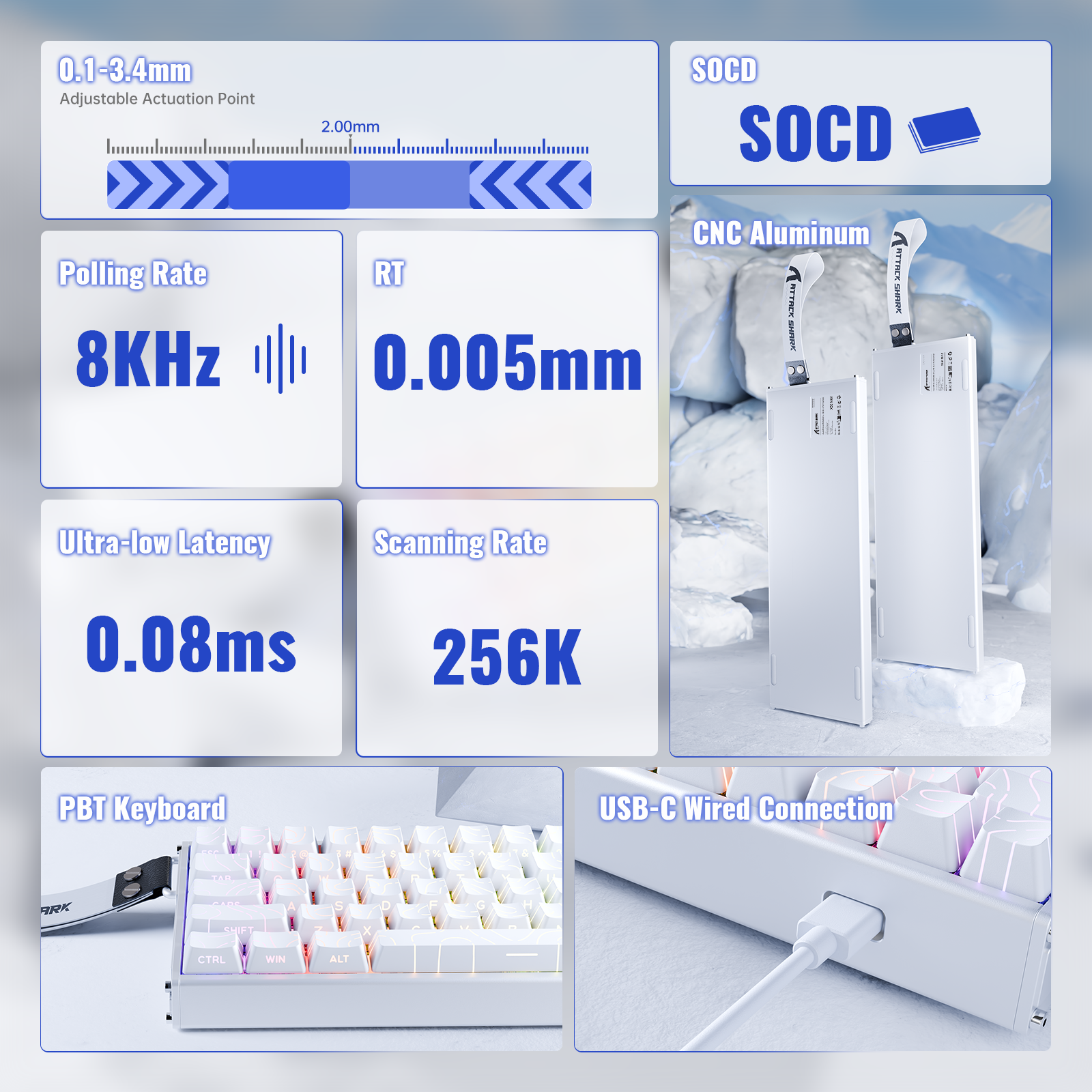 ATTACK SHARK X68MAX HE keyboard with rapid trigger, 8000Hz polling, and USB-C connection, white PBT keycaps
