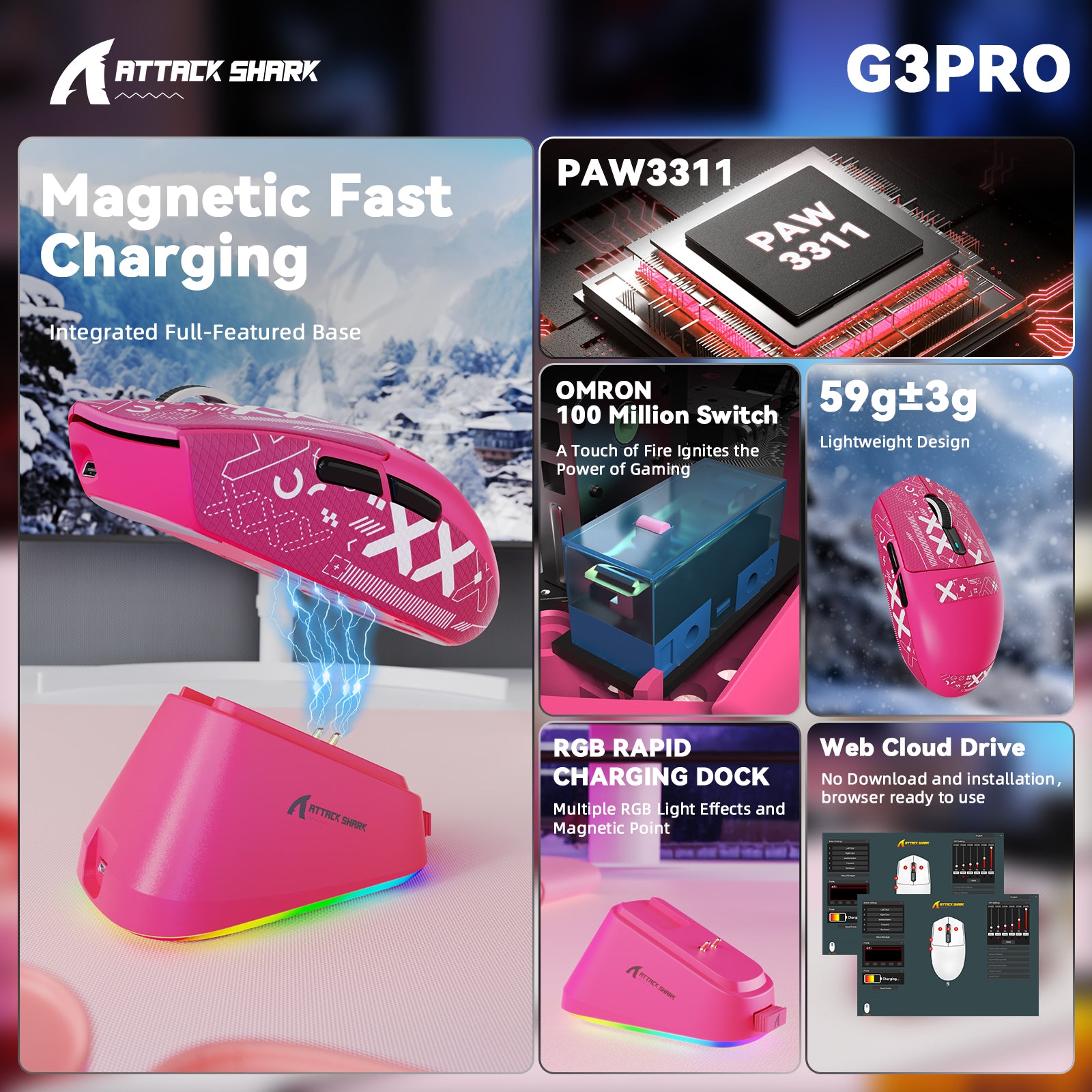 ATTACK SHARK G3PRO Tri-mode Wireless Gaming Mouse with Charge Dock 25000 DPI Ultra Lightweight