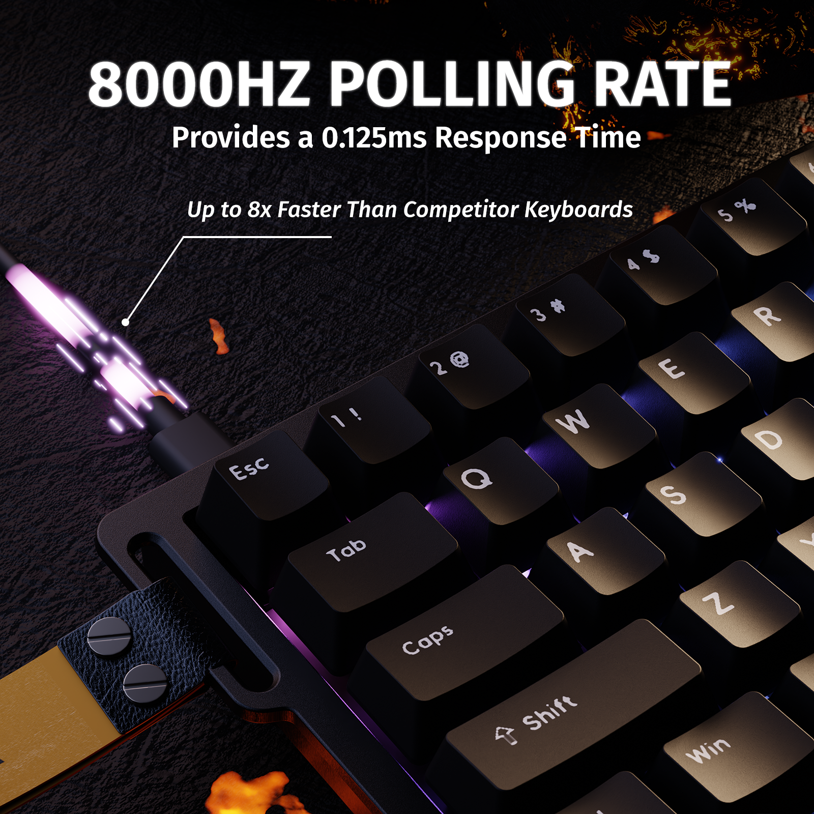 ATTACK SHARK X68 HE keyboard showing 8000Hz Polling Rate, 0.125ms response, and 8x faster than competitor keyboards.