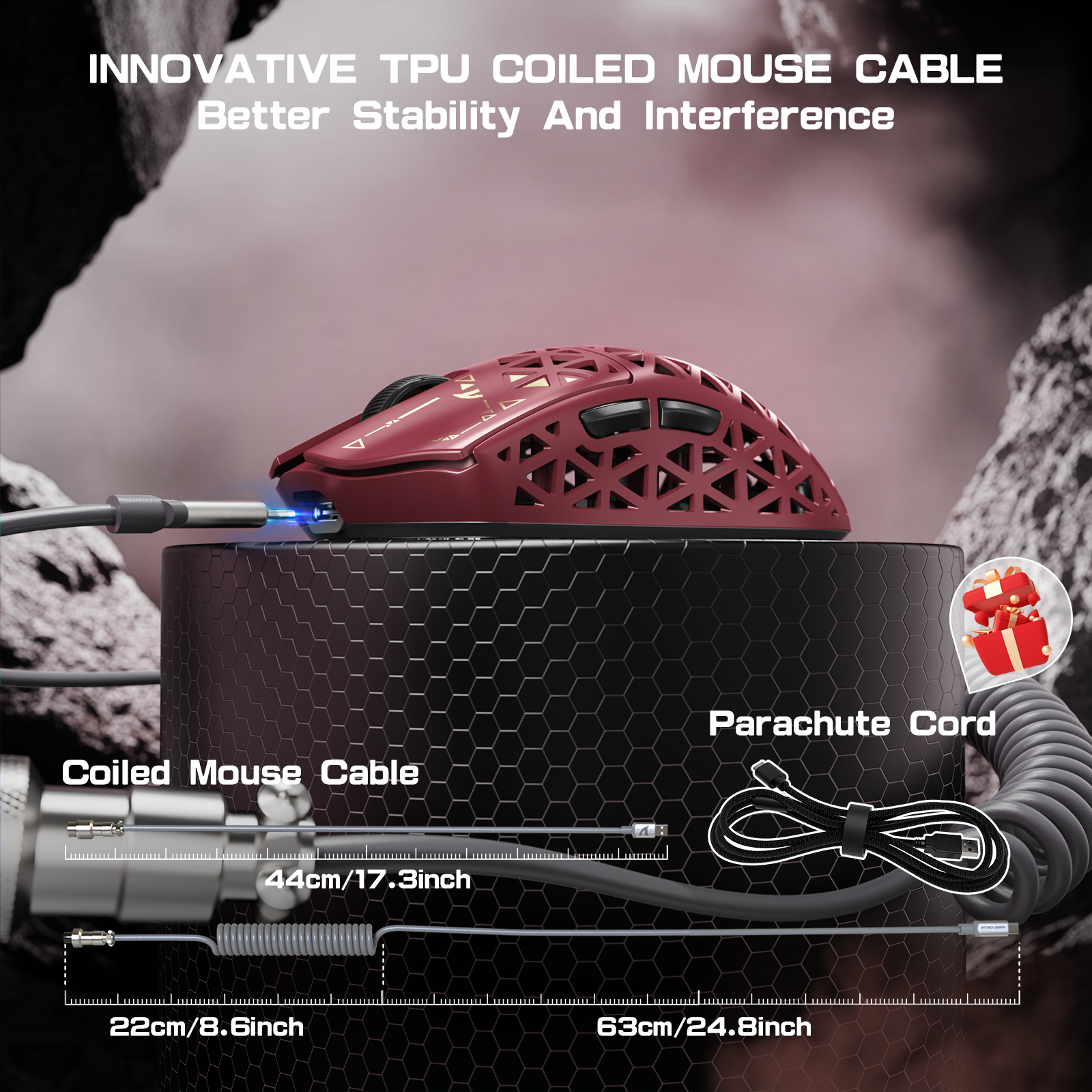 ATTACK SHARK R5 Ultra gaming mouse featuring coiled TPU cable and parachute cord for stable connectivity.