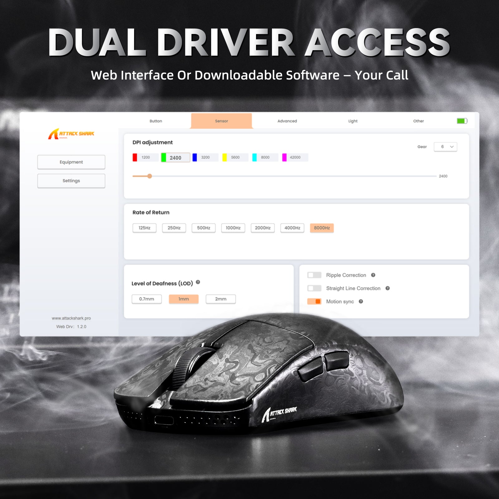 ATTACK SHARK R11 ULTRA gaming mouse with carbon fiber design and dual driver access software.