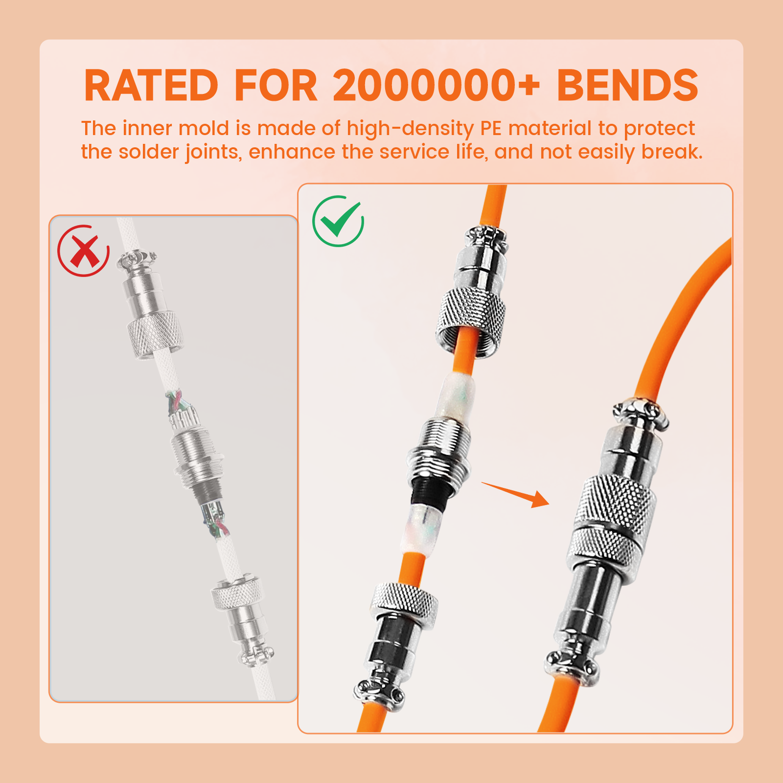 ATTACK SHARK Aviator cable: orange cable, rated for 2000000+ bends, high-density PE inner mold, for mechanical keyboards.