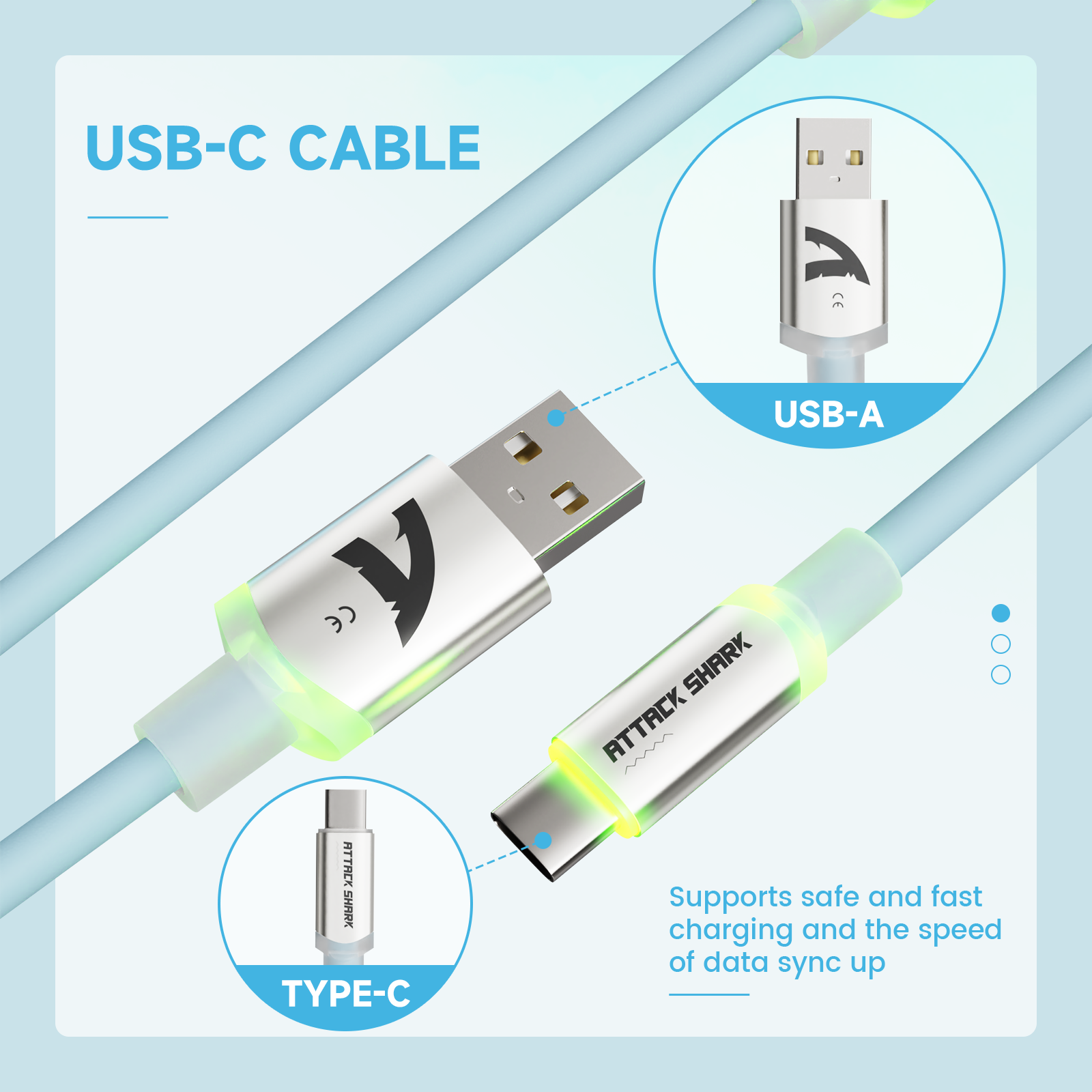 ATTACK SHARK USB-C cable, showing USB-A and USB-C connectors with LED, supports fast charging and data sync for keyboards.