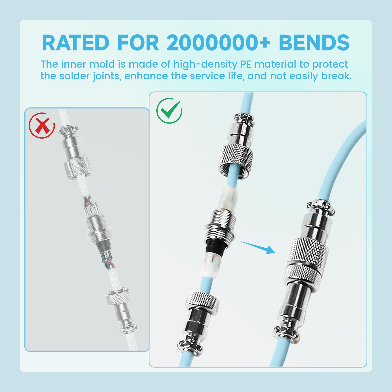 ATTACK SHARK Aviator cable durability: 2000000+ bends, PE inner mold, for mechanical keyboards, metal connector.