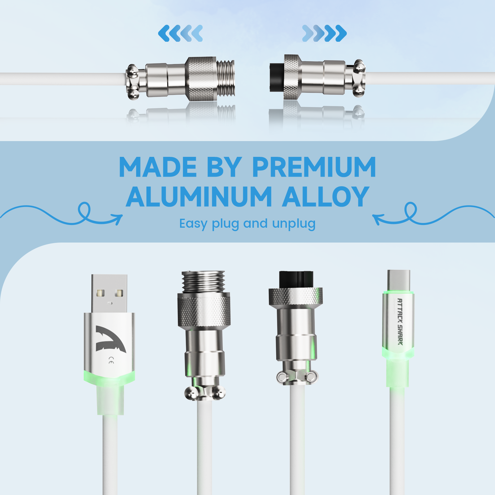 ATTACK SHARK Aviator Cable with aluminum alloy connectors for mechanical keyboards. USB-A and USB-C, easy plug and unplug.