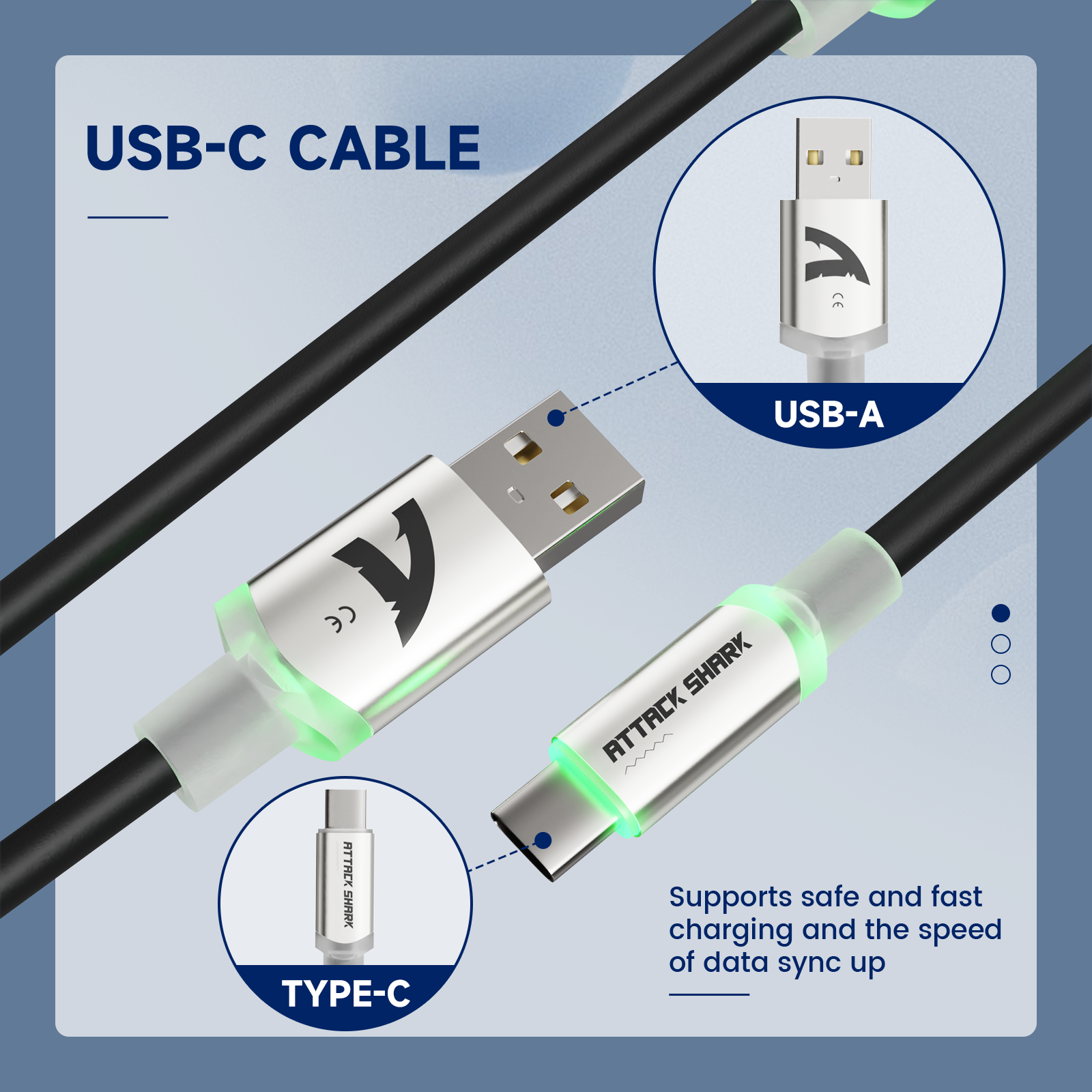 ATTACK SHARK USB-C Cable with metal connectors and RGB lighting, fast charging for mechanical keyboards