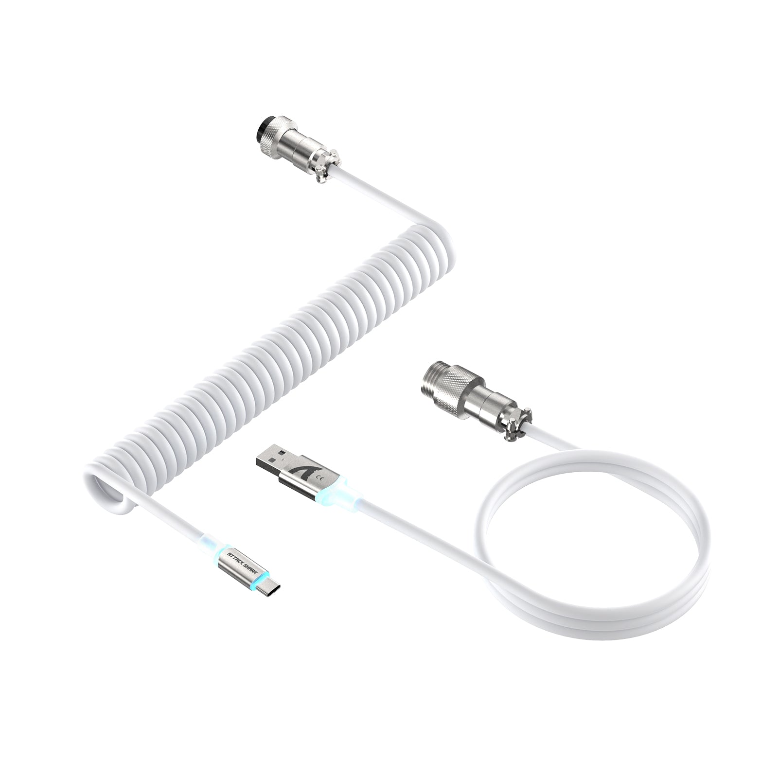 ATTACK SHARK white coiled aviator keyboard cable with illuminated USB-C to USB-A connectors