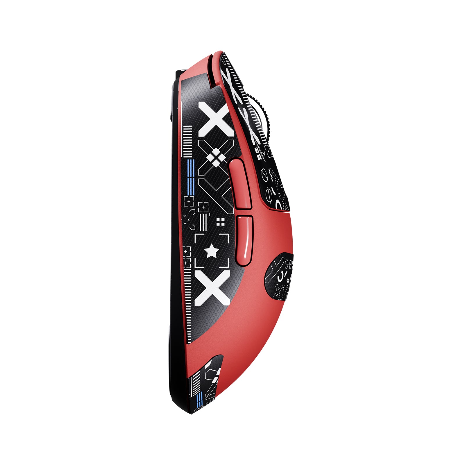 ATTACK SHARK X3 Wireless Gaming Mouse in red, side profile, ergonomic design with unique graphic elements
