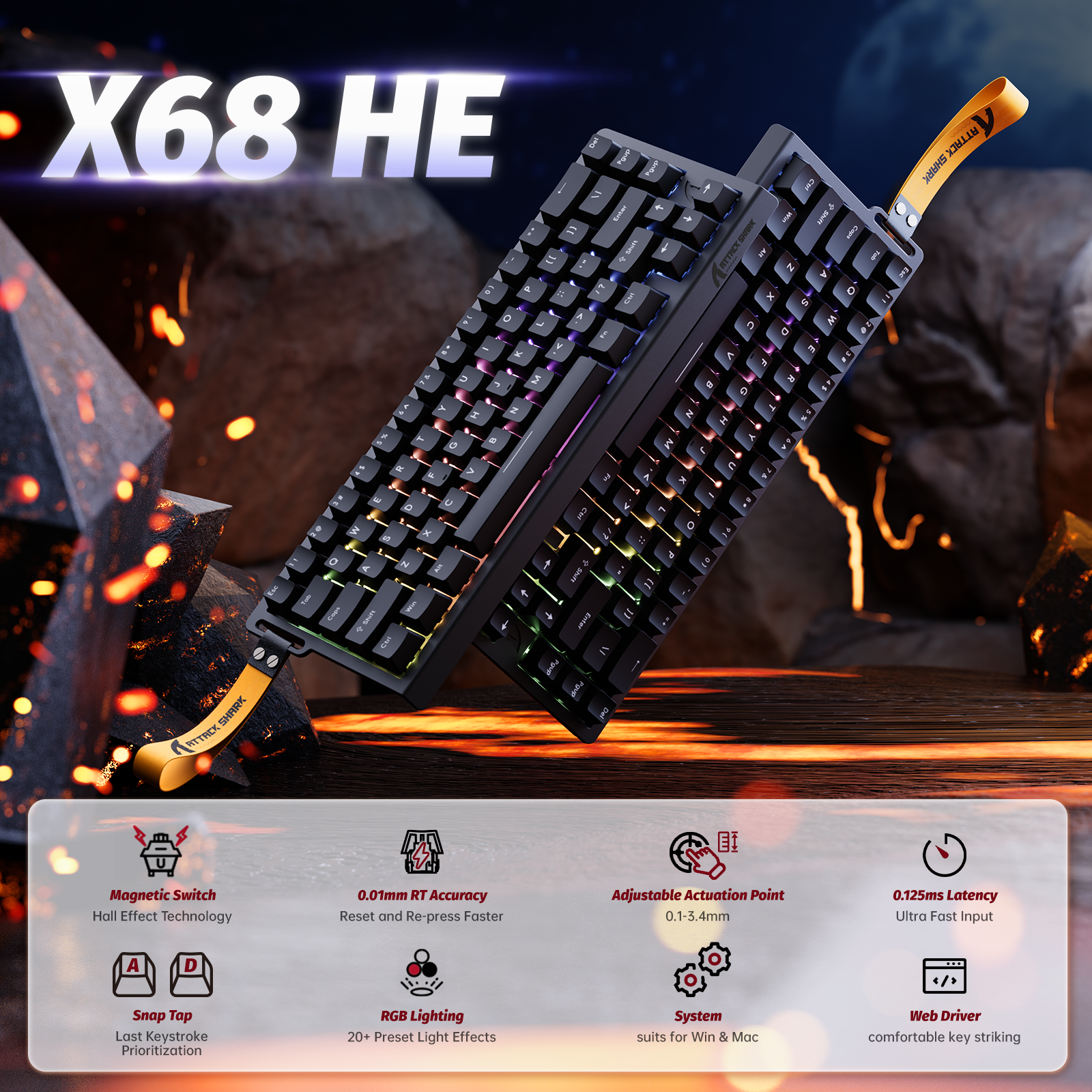ATTACK SHARK X68 HE keyboard, black, magnetic switches, adjustable, RGB lighting, gaming.