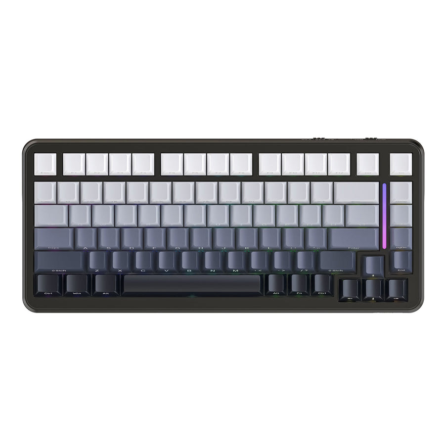 Compact mechanical keyboard shown prominently in a clean desk setup