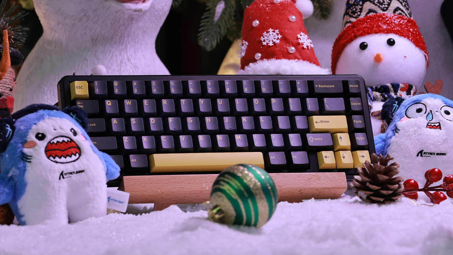 A black and gold magnetic keyboard with a wooden wrist rest in a holiday setting