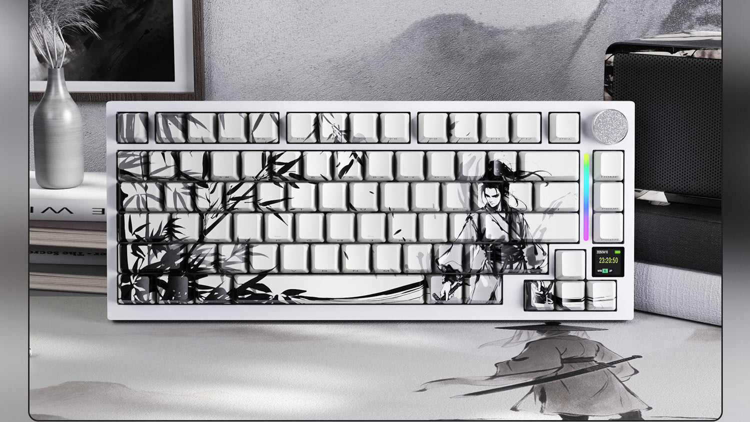 A white mechanical keyboard featuring custom black-and-white ink wash style keycaps with a bamboo and warrior design, equipped with a volume knob and a small digital screen on the right side