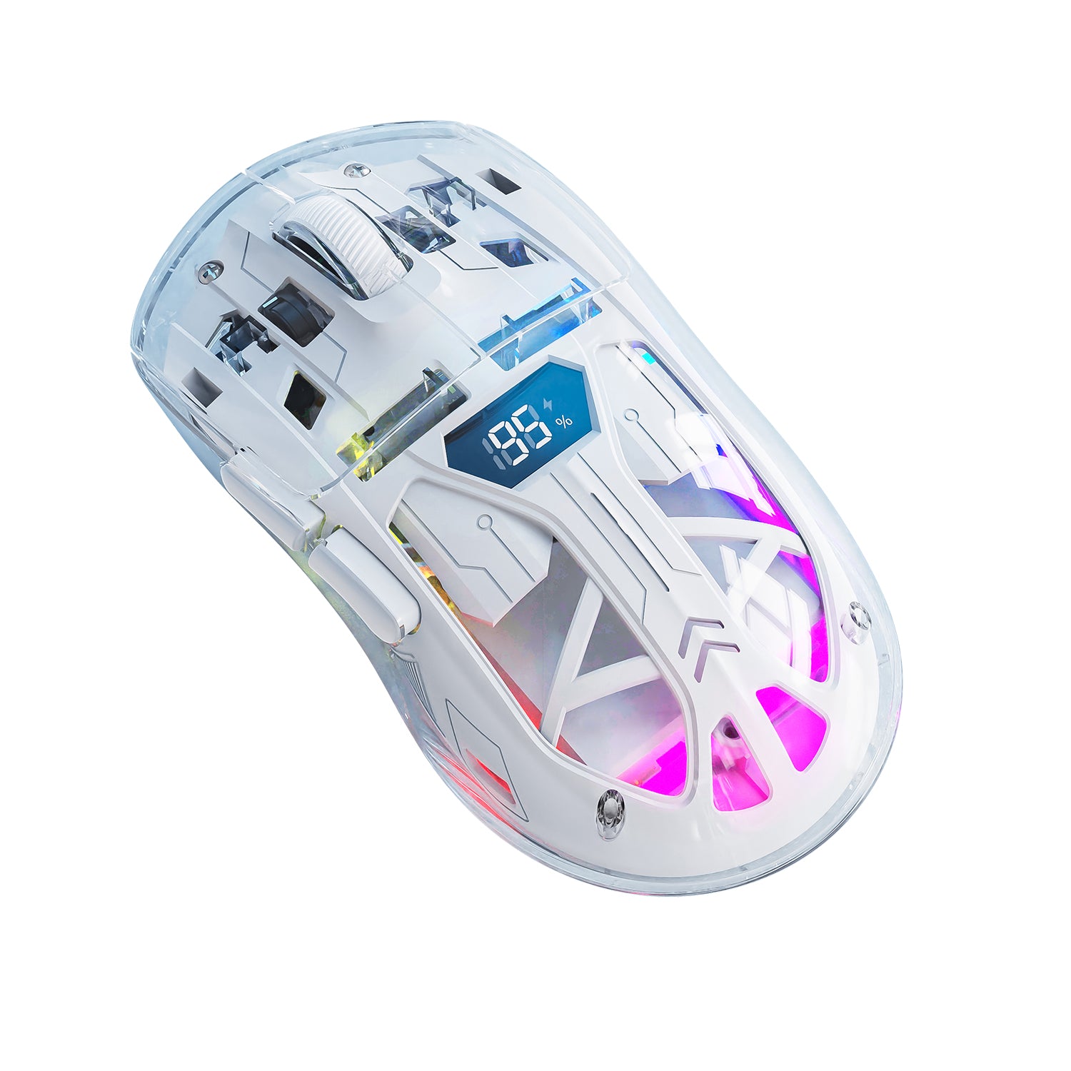 RGB wireless gaming mouse with transparent design and battery indicator