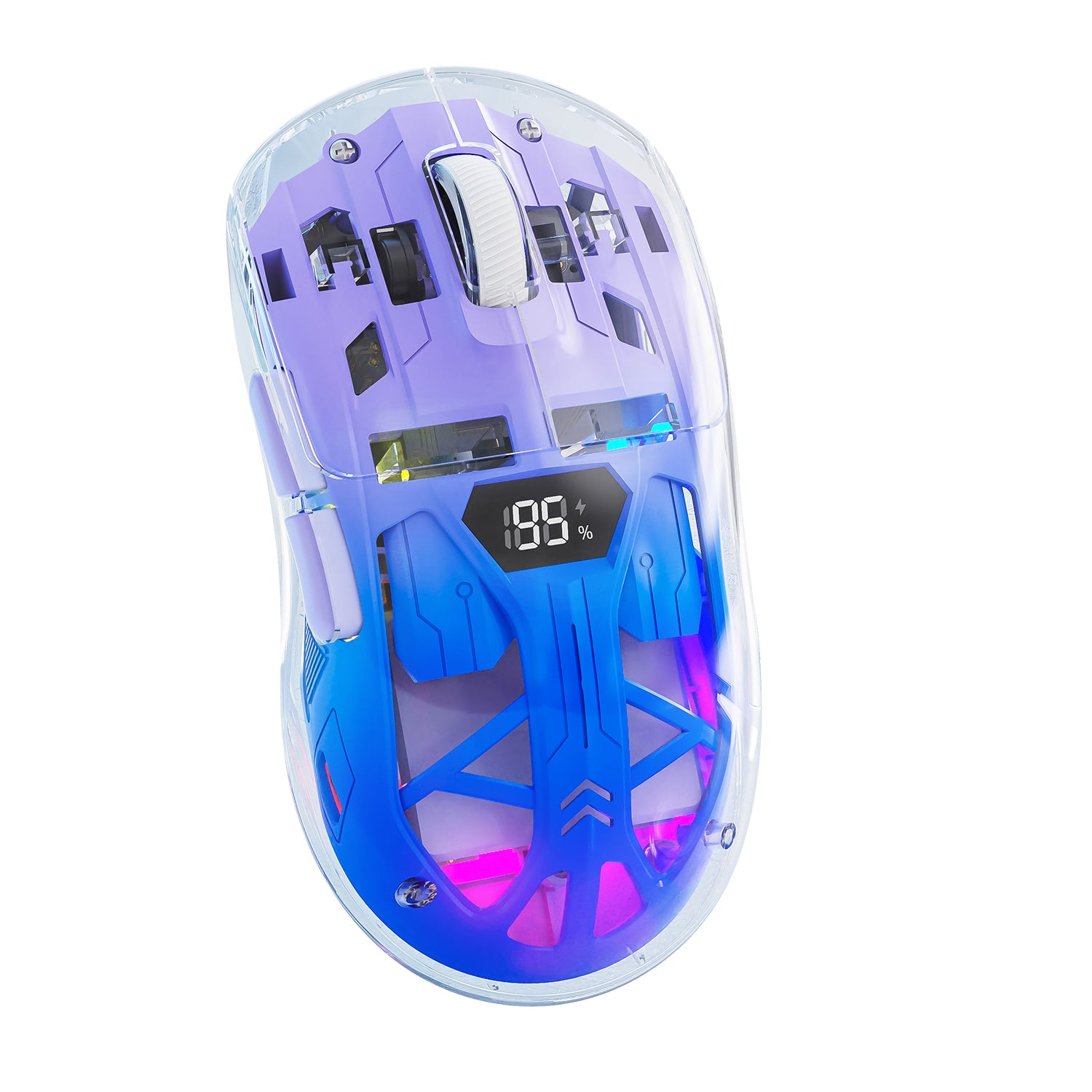 A2 transparent RGB gaming mouse with battery display and colorful LED lights.