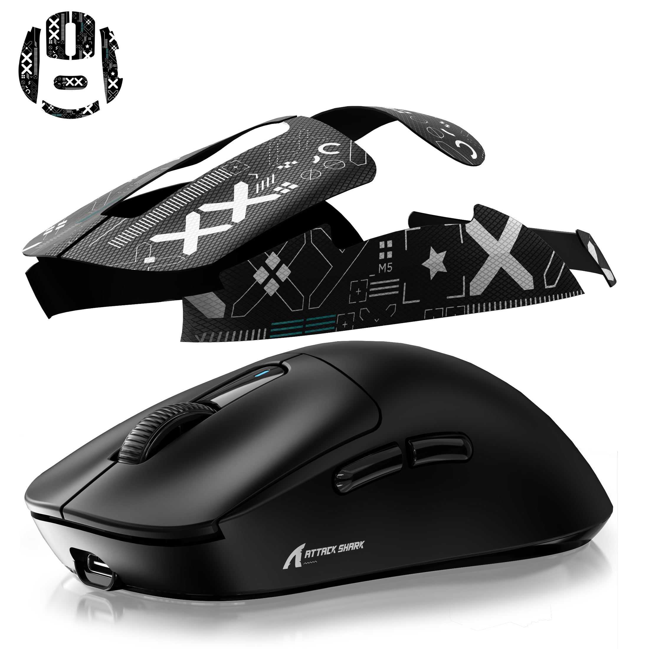 Black gaming mouse with geometric grip tape for improved control and comfort.