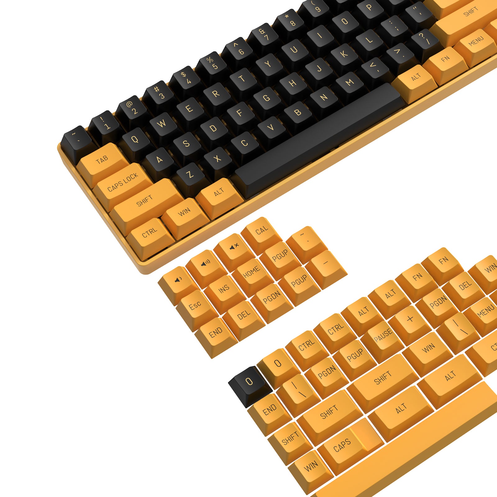 Black and gold ergonomic PBT keycap set for mechanical keyboards with cherry profile.