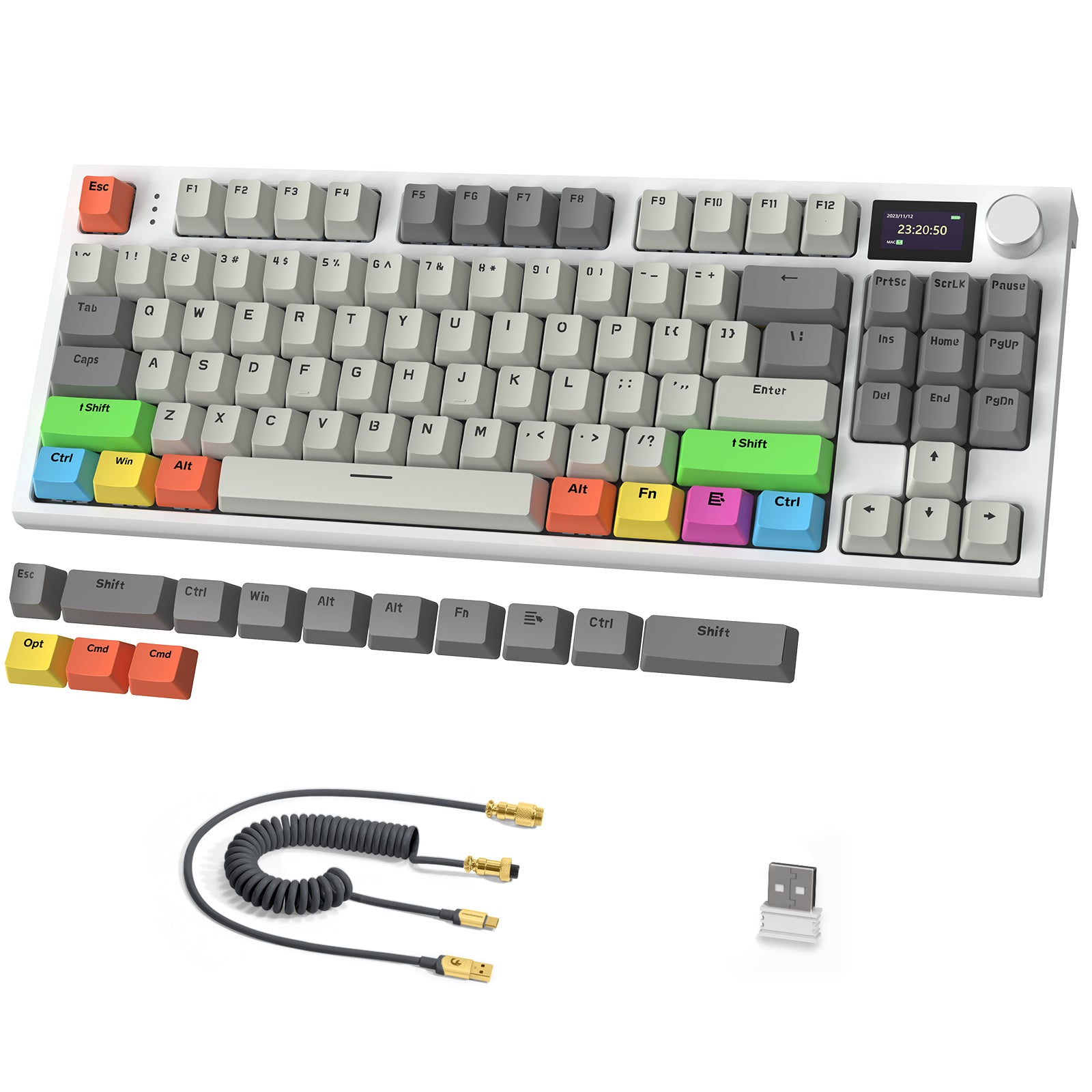 Attack Shark K86PRO wireless keyboard with RGB lights, coiled cable, and TFT display