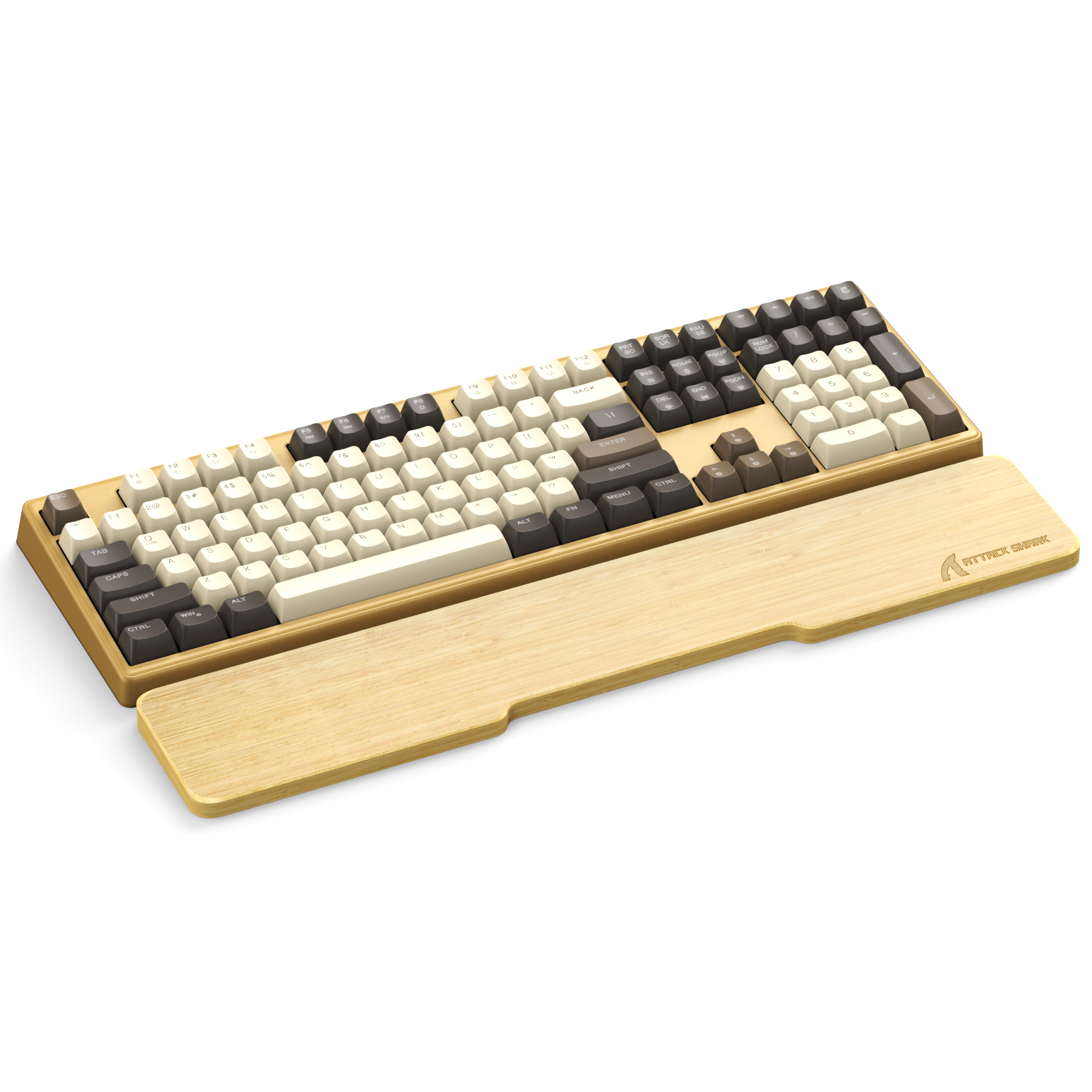 Bamboo wrist rest with compact mechanical keyboard in cream and dark gray keys.