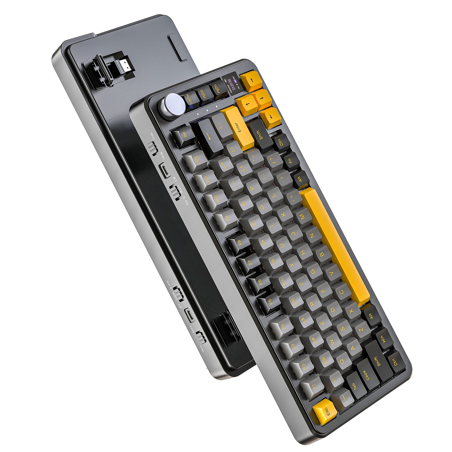 Attack Shark X85PRO keyboard showing yellow-gray keycaps and multi-device connectivity ports.