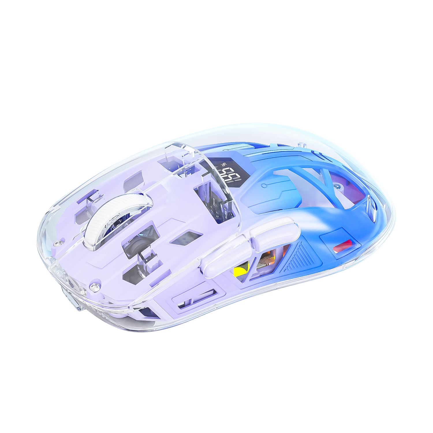 Transparent RGB wireless mouse with vibrant colors and battery indicator.