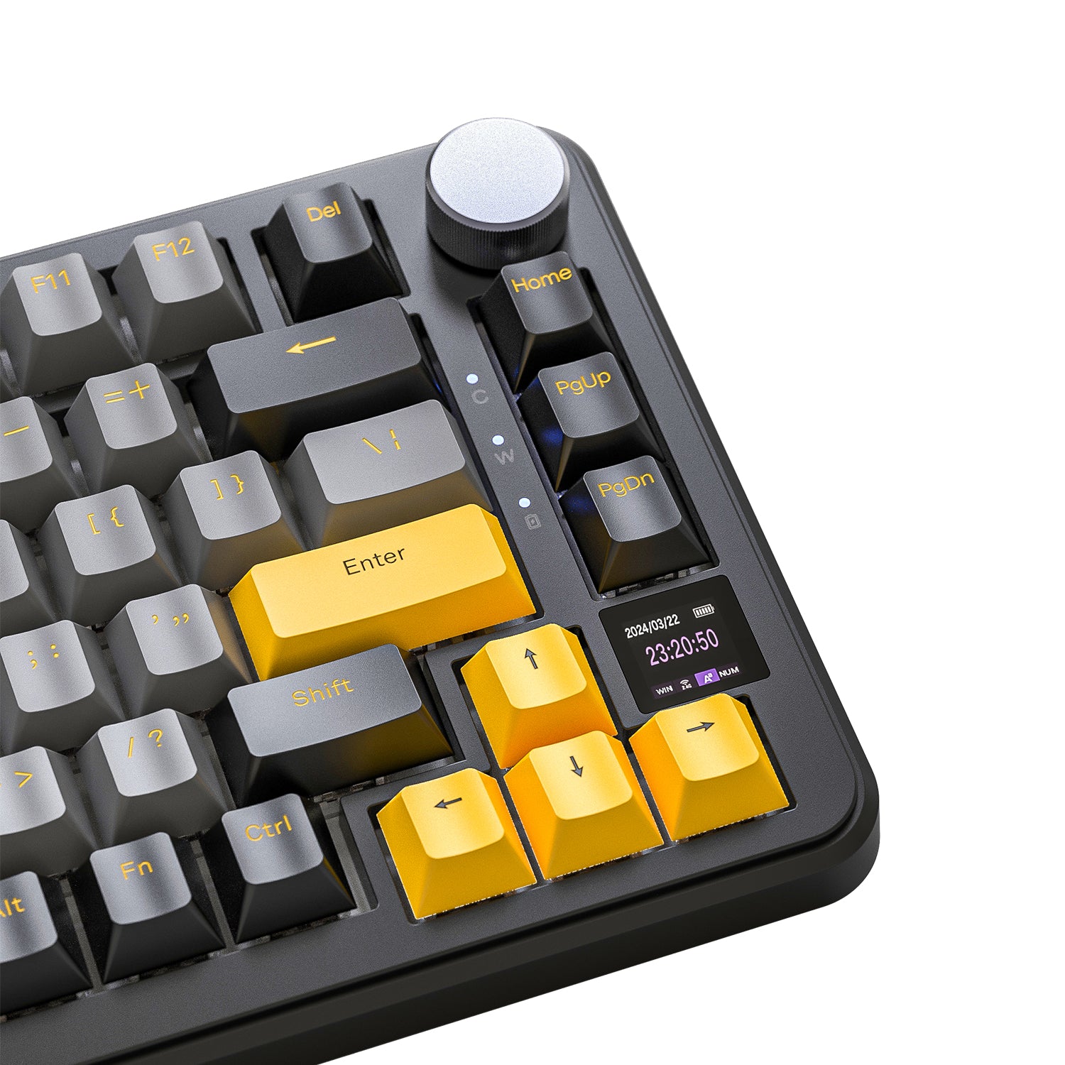 ATTACK SHARK X85PRO keyboard close-up with yellow-gray keycaps and multi-function TFT display.