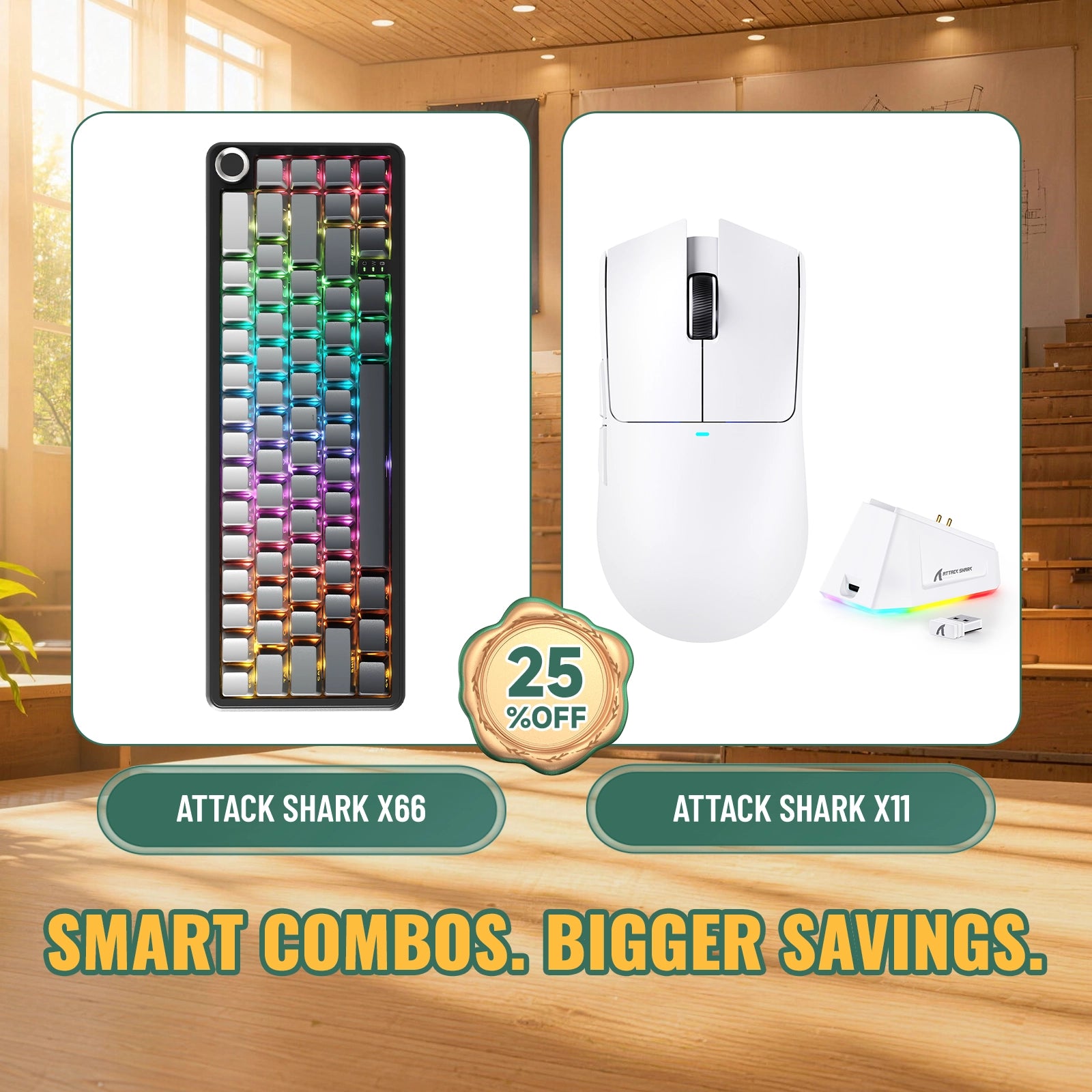 Paquete ATTACK SHARK X66 teclado mecánico inalámbrico + ratón para juegos inalámbrico X11