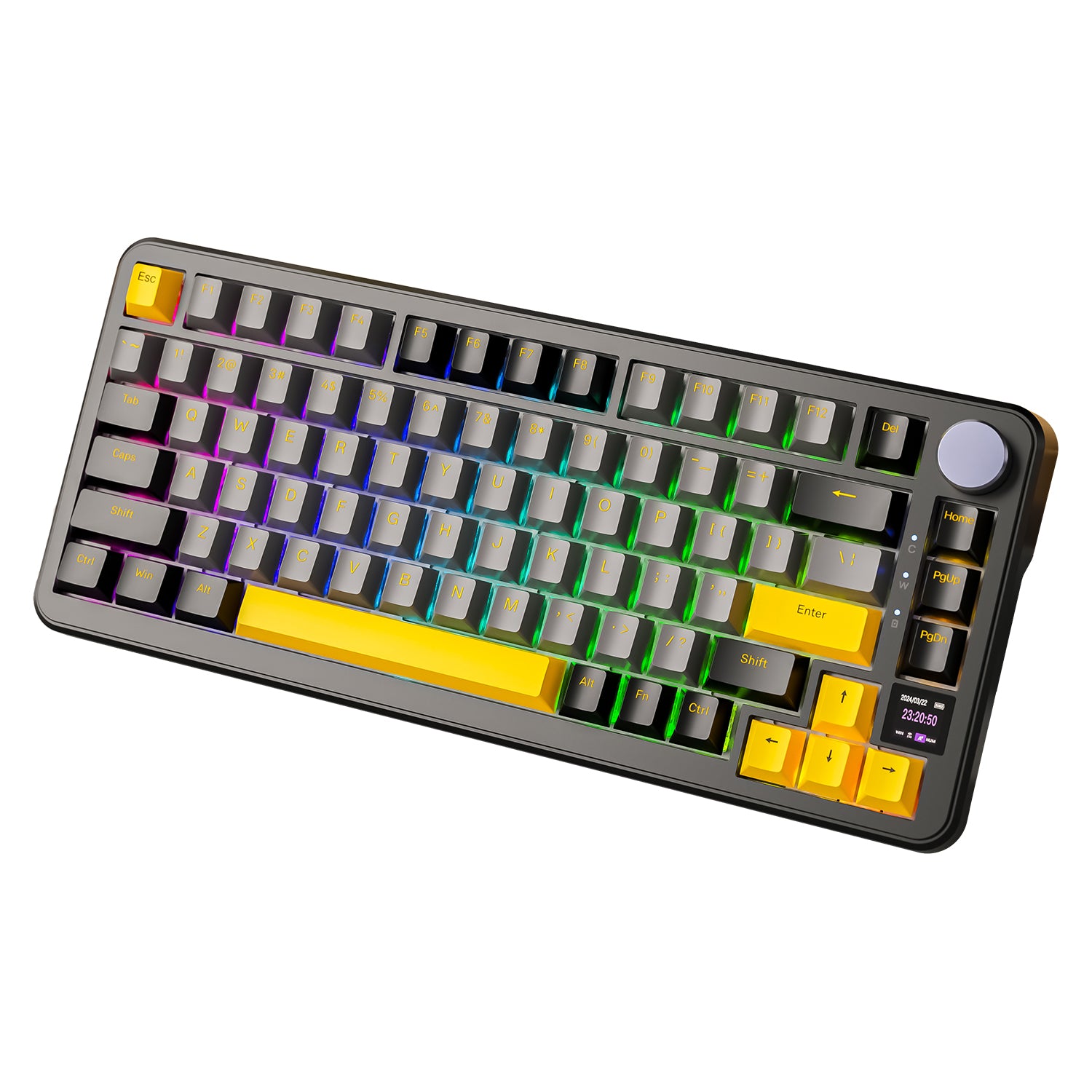 Attack Shark X85PRO mechanical keyboard in yellow-gray with RGB backlighting.