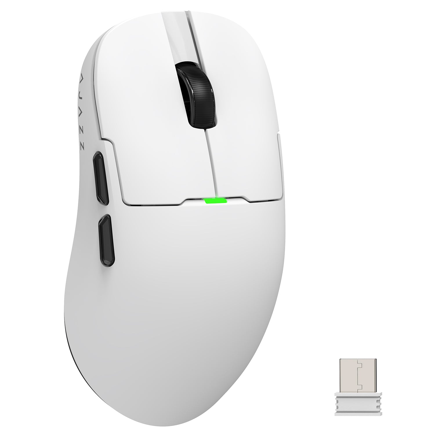 AJAZZ white gaming mouse with custom buttons and USB receiver.