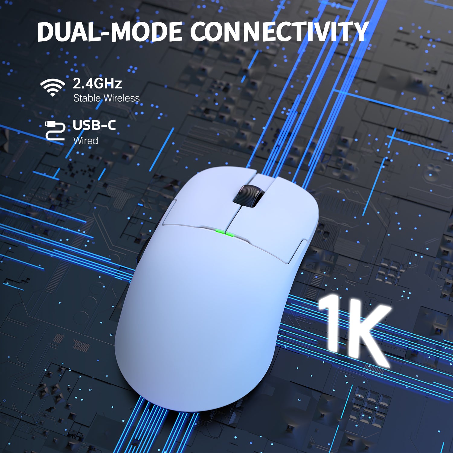 Dual-mode connectivity of lightweight gaming mouse with 2.4GHz and USB-C options.