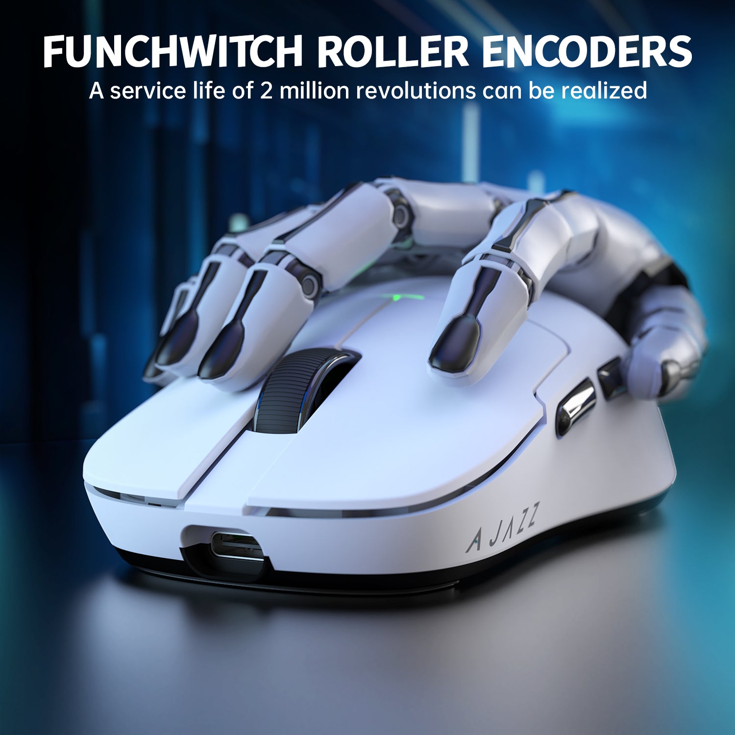 AJAZZ white gaming mouse with Funchwitch roller encoders and robotic hand support.