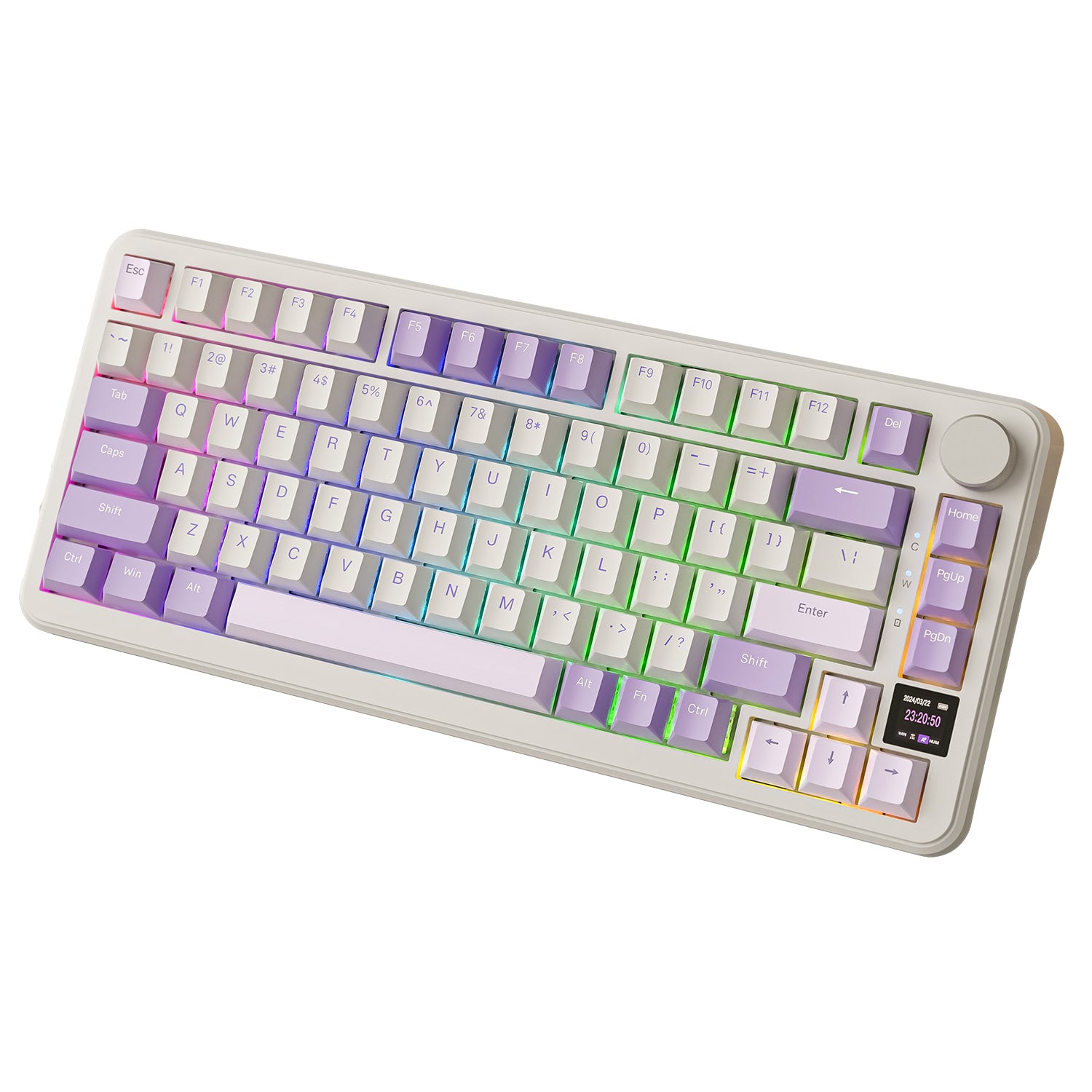 ATTACK SHARK X85PRO keyboard with purple-white keycaps and RGB lighting.