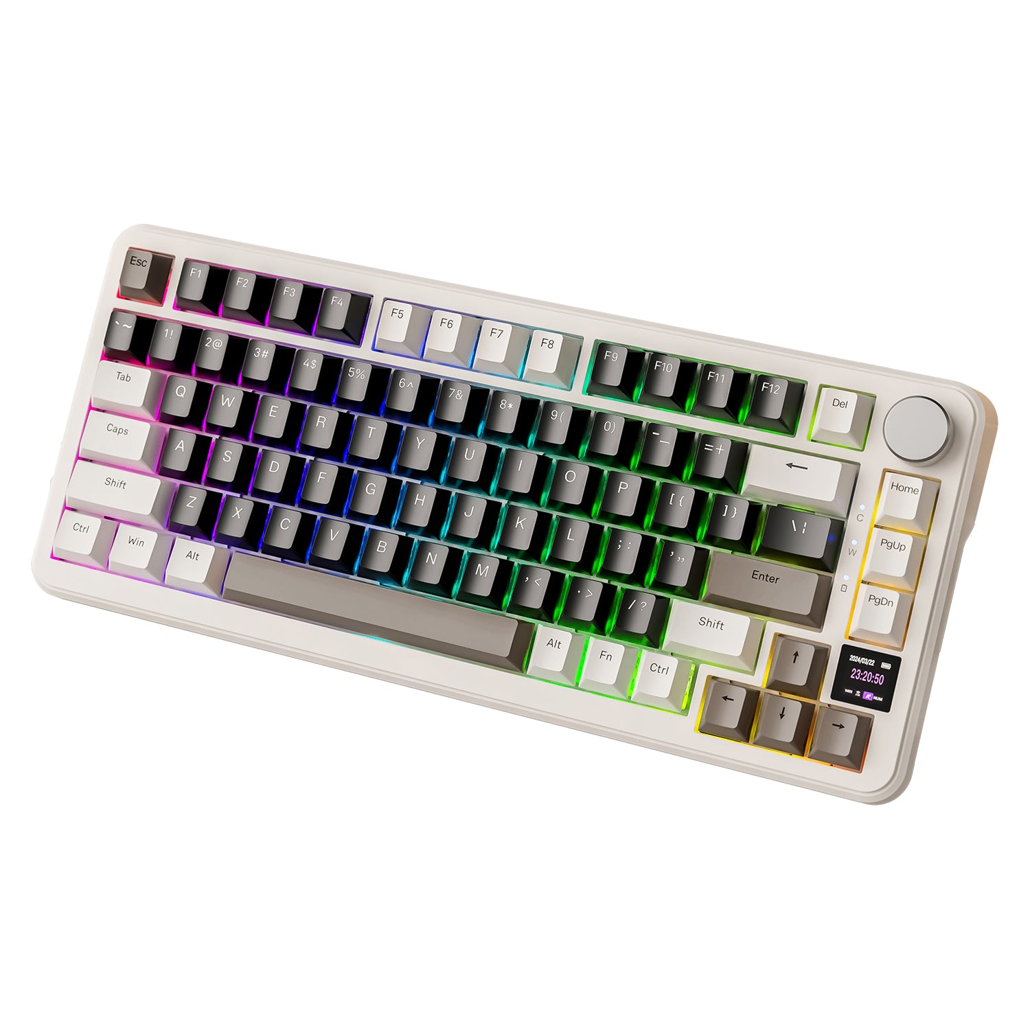 ATTACK SHARK X85PRO keyboard with RGB backlighting and smart display in beige design.