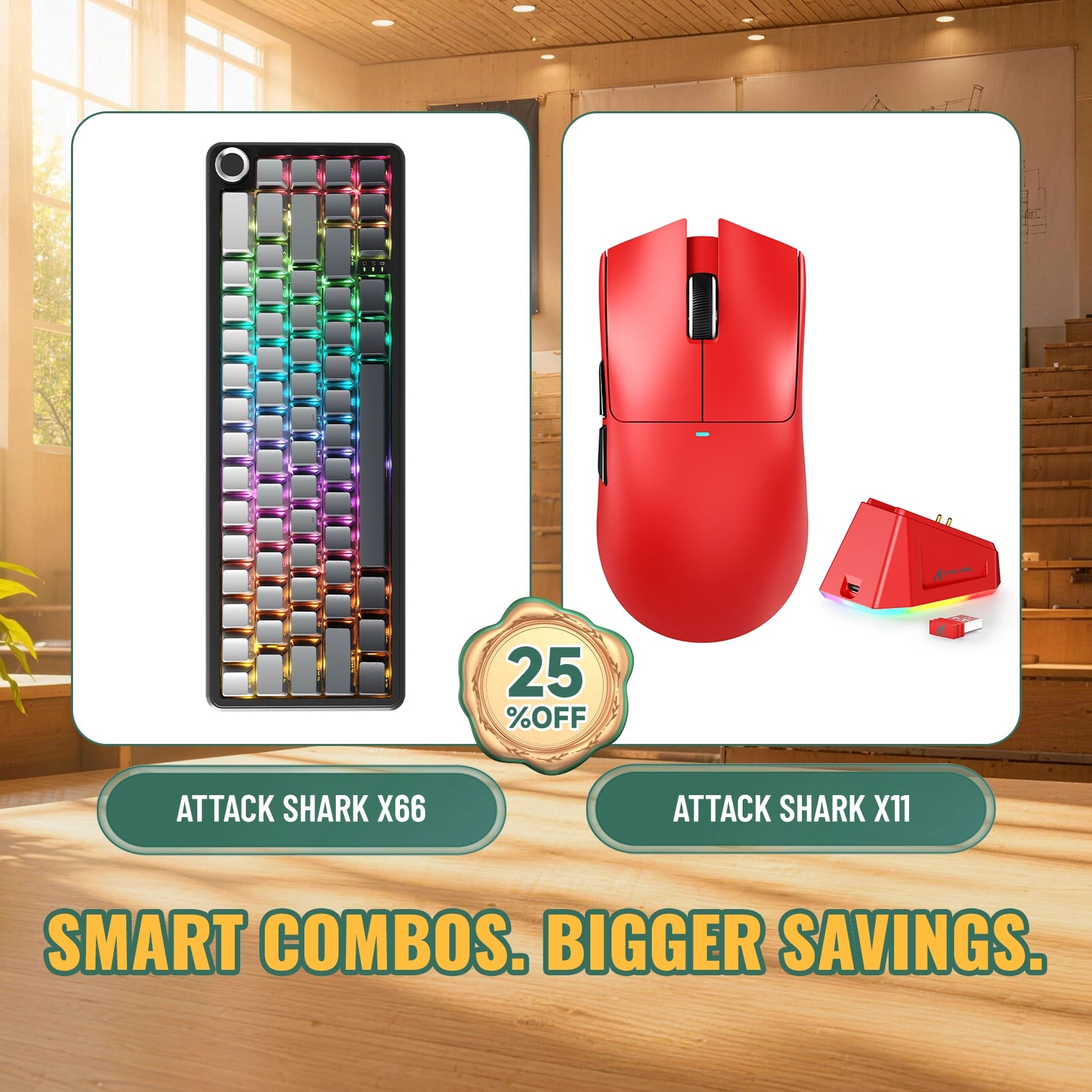 Paquete ATTACK SHARK X66 teclado mecánico inalámbrico + ratón para juegos inalámbrico X11