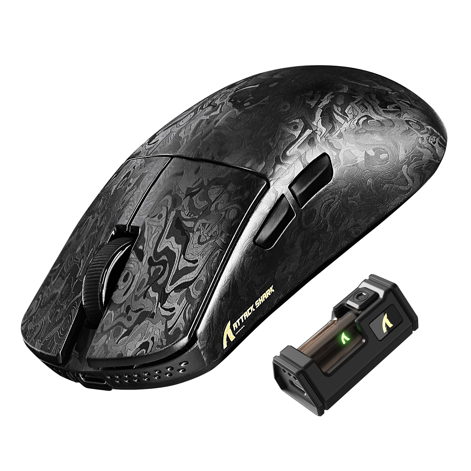 ATTACK SHARK R11 ULTRA gaming mouse with forged carbon fiber pattern and receiver
