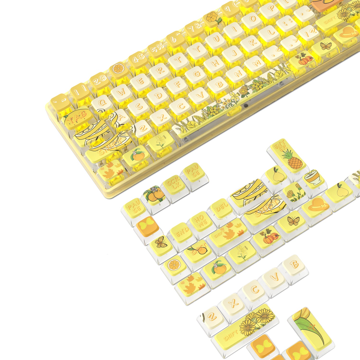 Yellow mechanical keyboard with fruit-themed keycaps featuring bananas and pineapples.