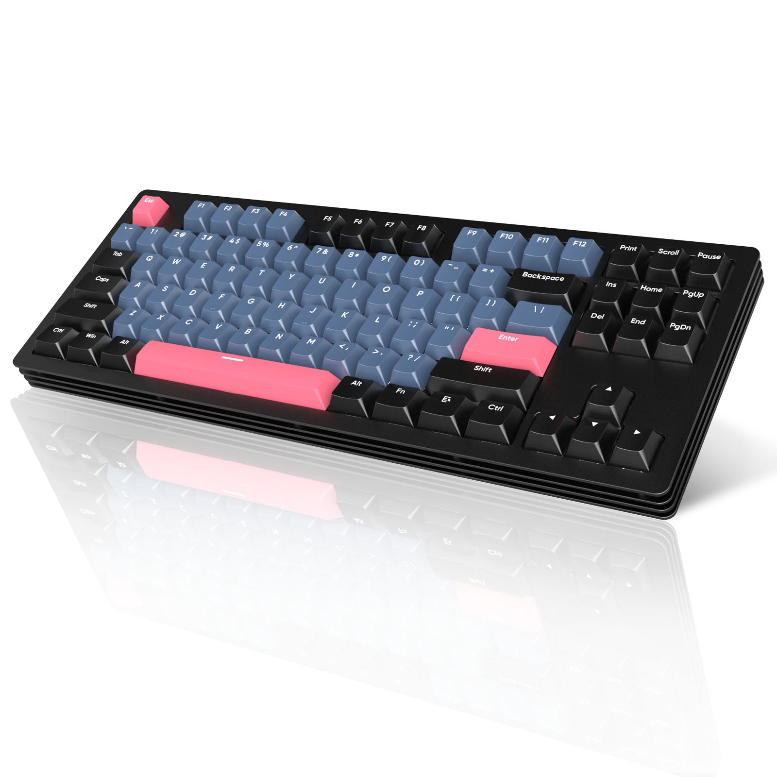 AJAZZ AKC087 keyboard with blue-gray and pink keycaps on sleek surface.