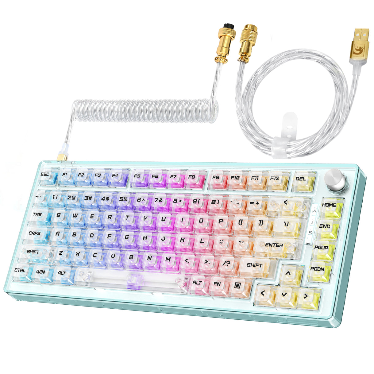 Transparent RGB mechanical keyboard with coiled cable and knob control