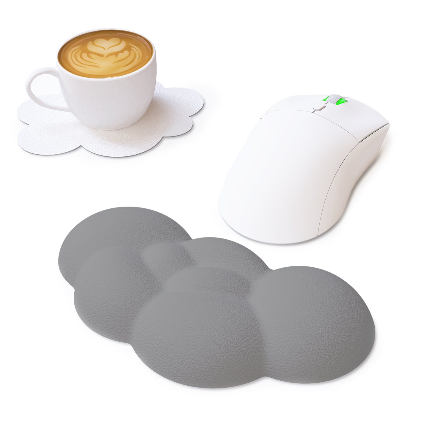 Gray cloud-shaped wrist rest with white gaming mouse and white coffee cup on coaster.