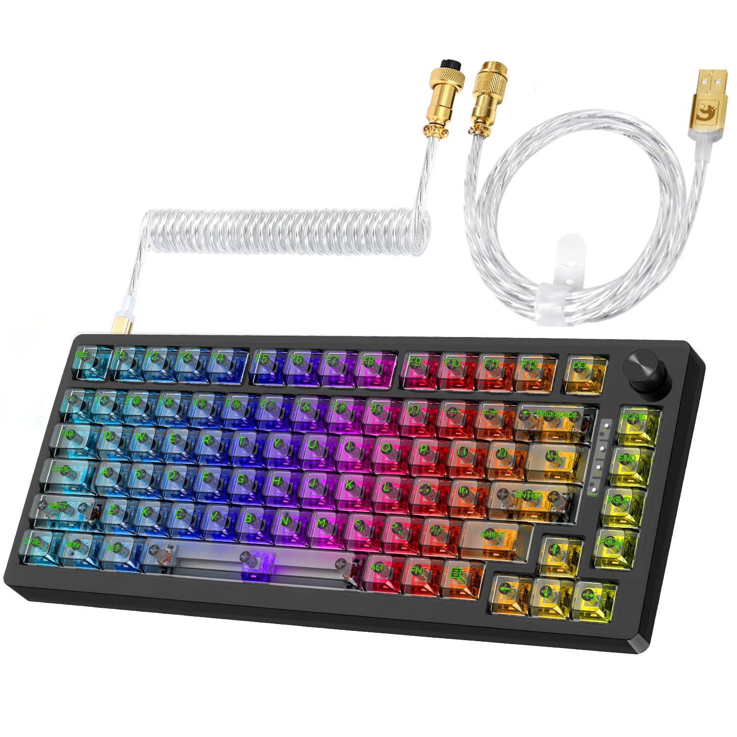 MK32 transparent mechanical keyboard with RGB backlighting and coiled cable.