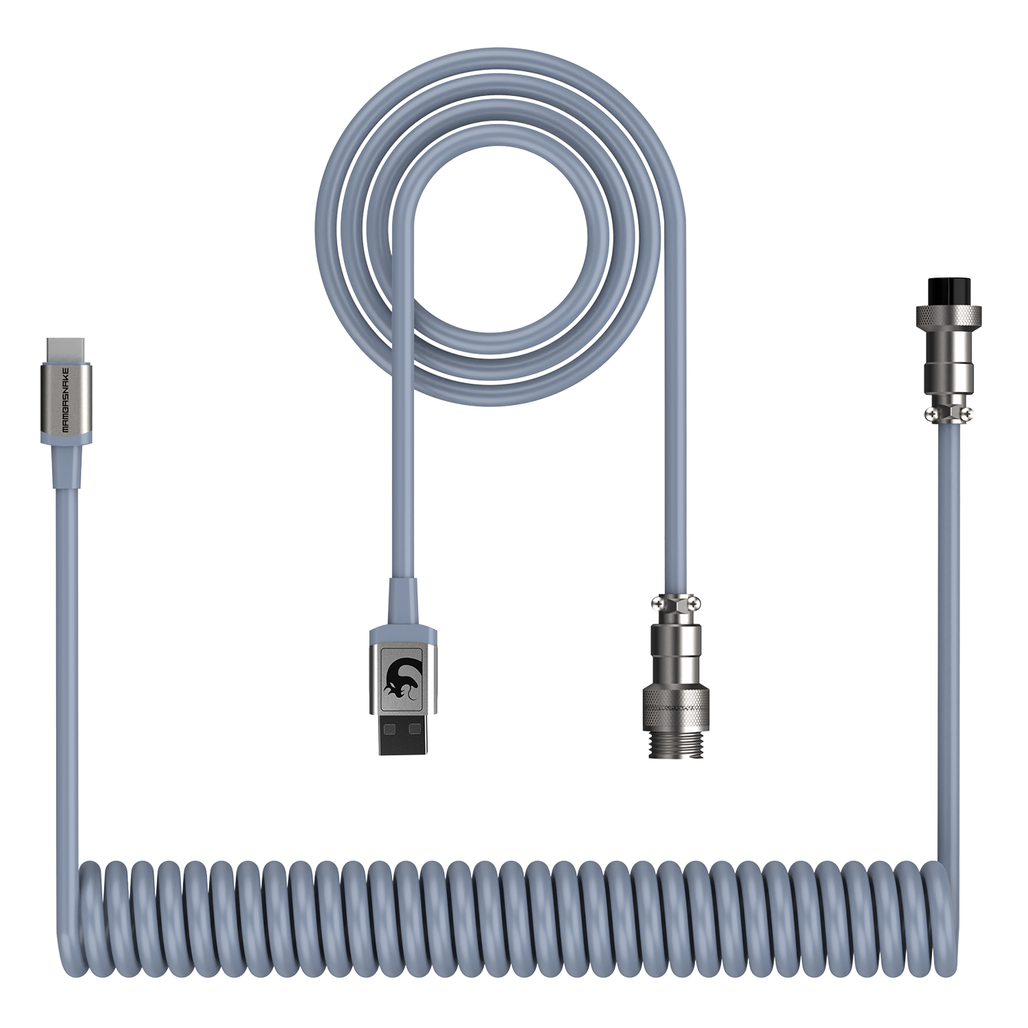 Coiled USB-C keyboard cable with detachable metal aviator connector.