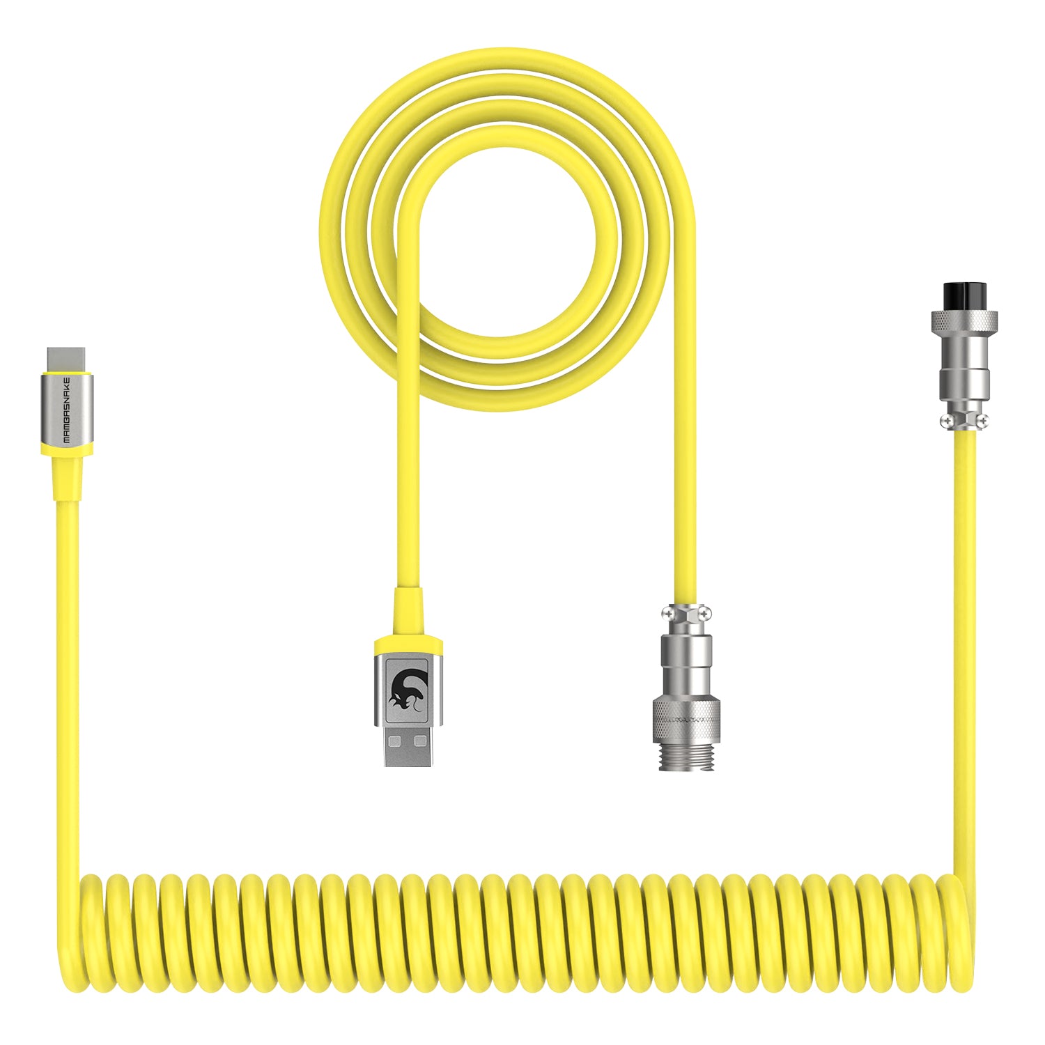 Yellow coiled USB-C keyboard cable with aviation connector and USB-A end.